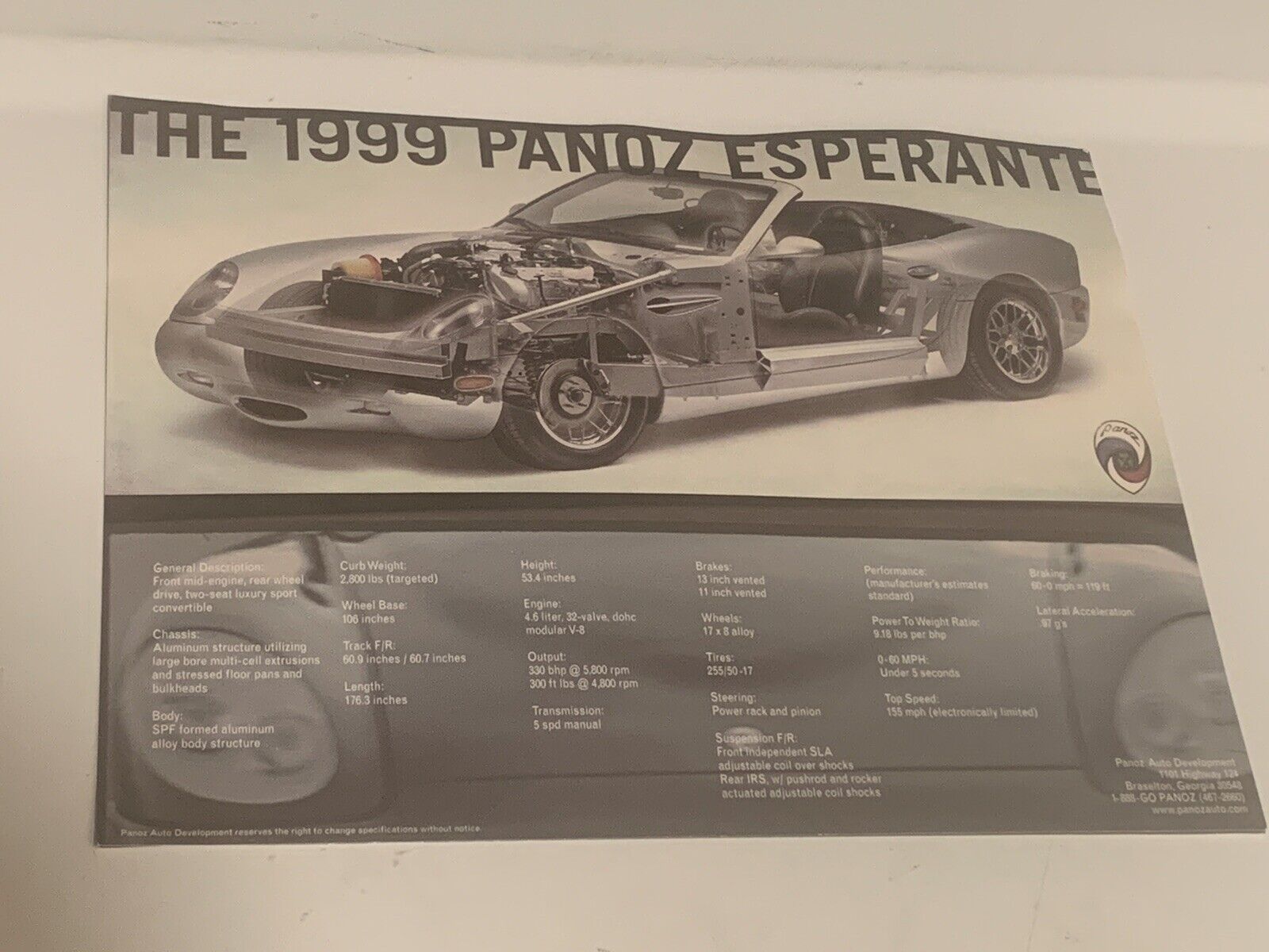 1999 Panoz Esperante Original Dealer Literature Hero Card