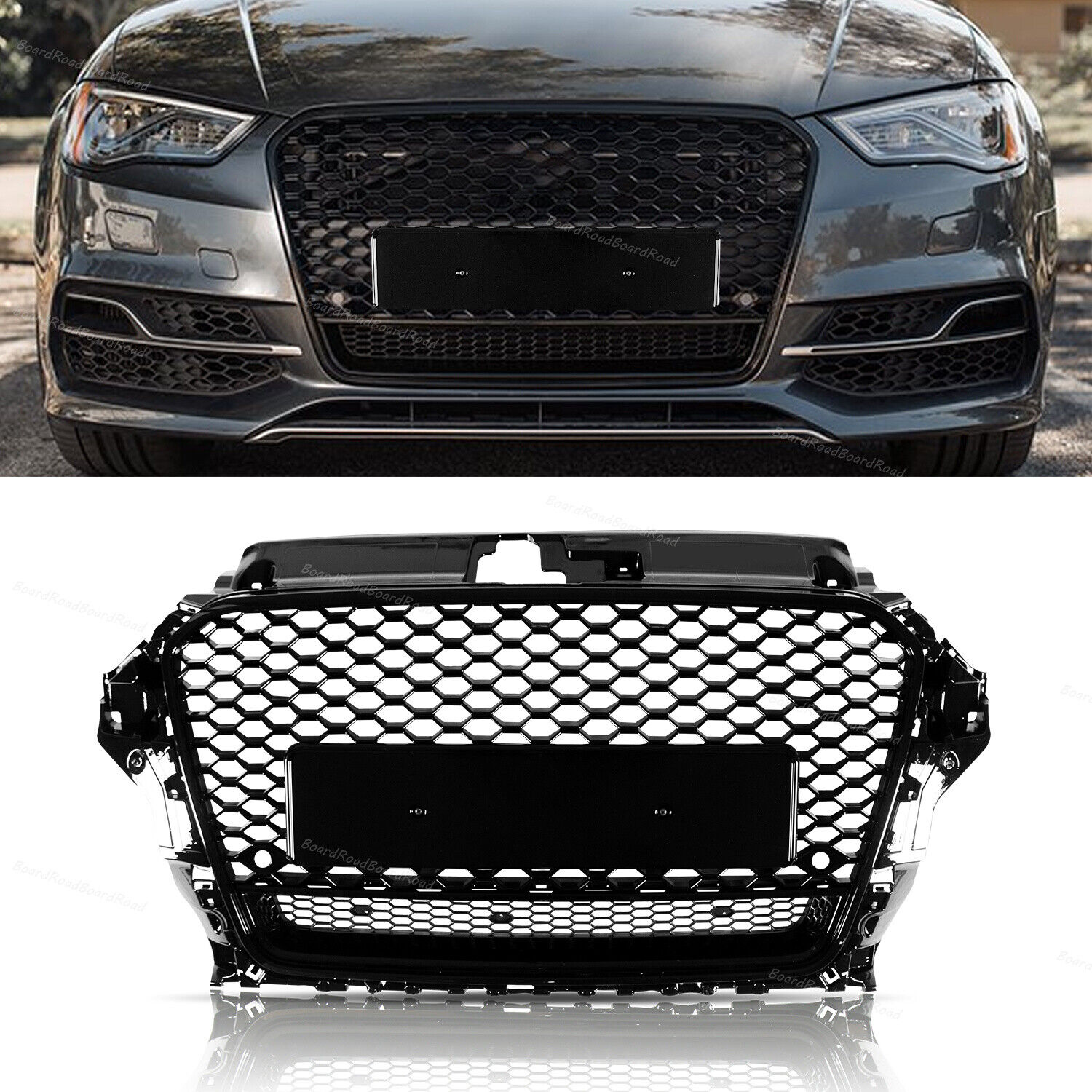 Fits Audi A3 S3 2014-2016 RS3 Style Front Honeycomb Grille Gloss Black Hex Grill