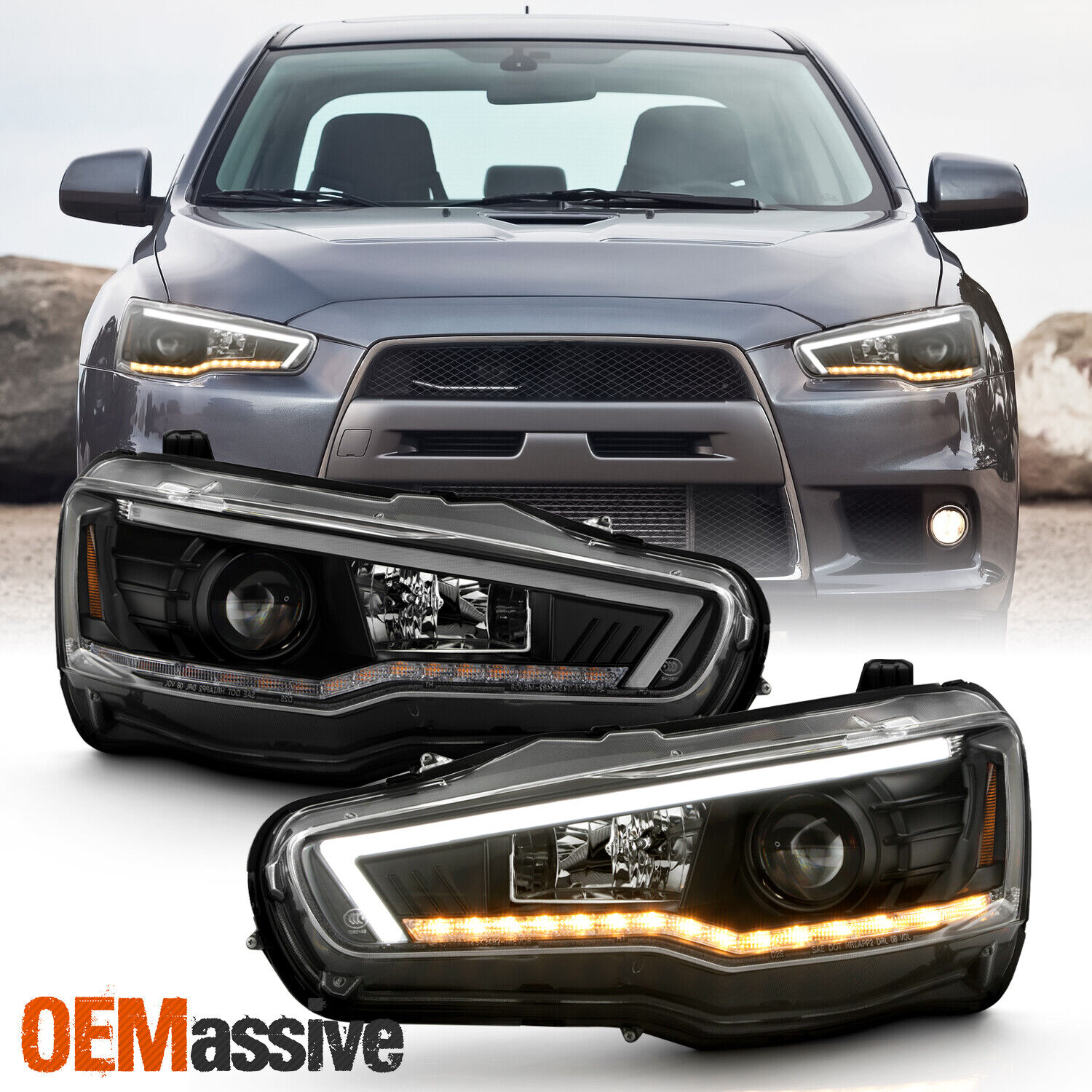 For 08-15 Mitsubishi Lancer Sequential Signal LED HID Projector Black Headlights