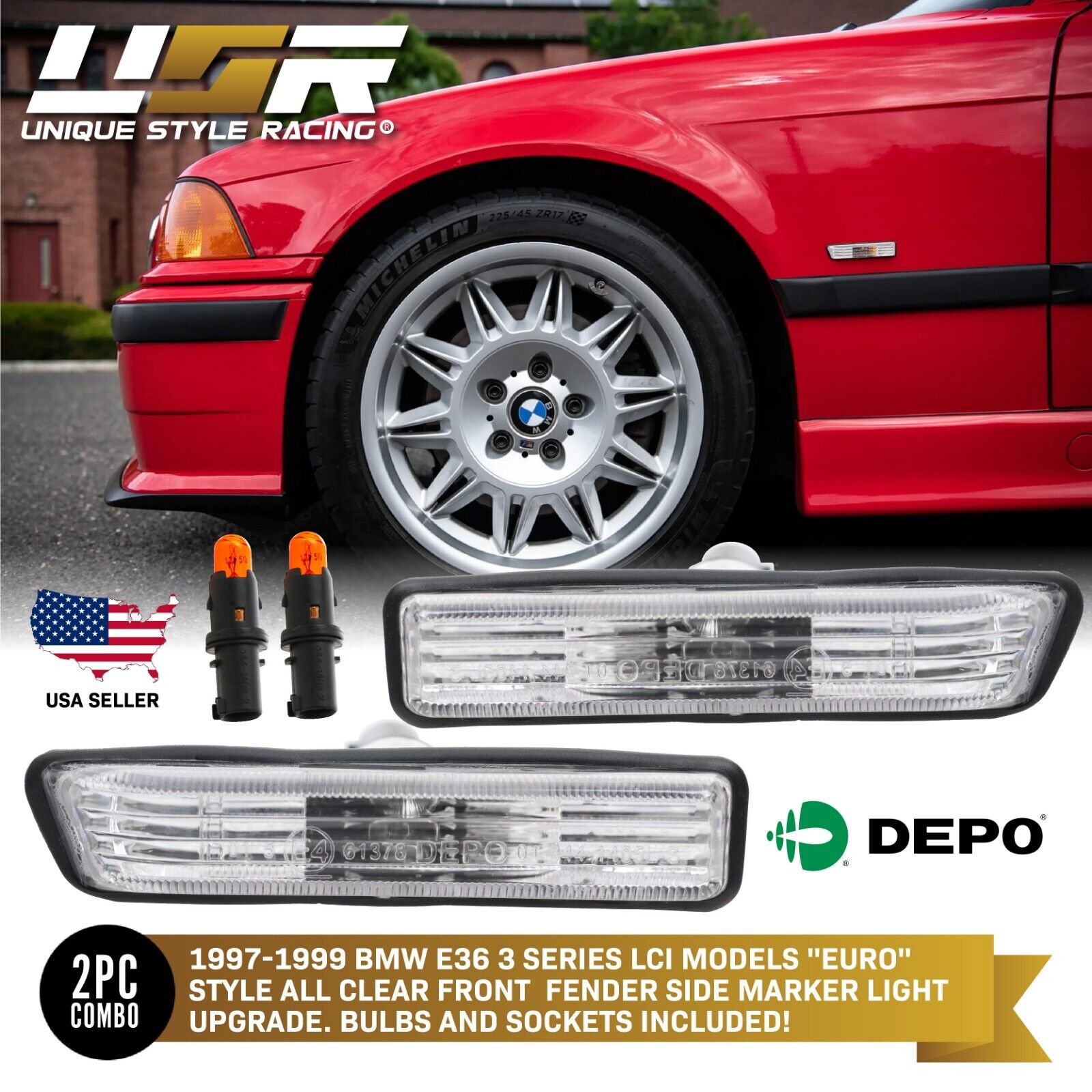 DEPO Euro Clear Fender Side Markers Lights For 1997-1999 BMW E36 3 Series LCI