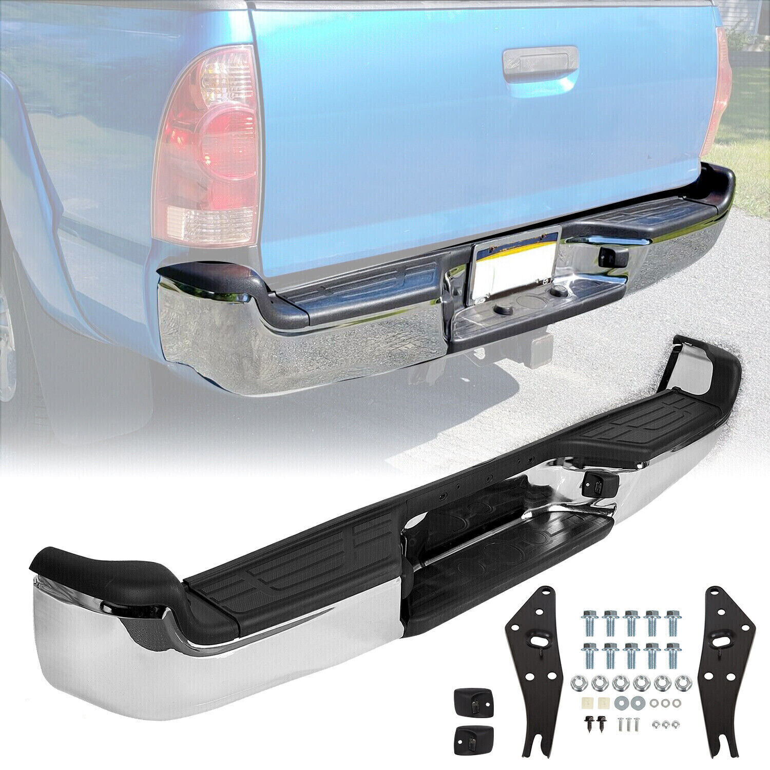 Complete Chrome Steel Rear Bumper Assembly For 2005-2015 Toyota Tacoma Pickup