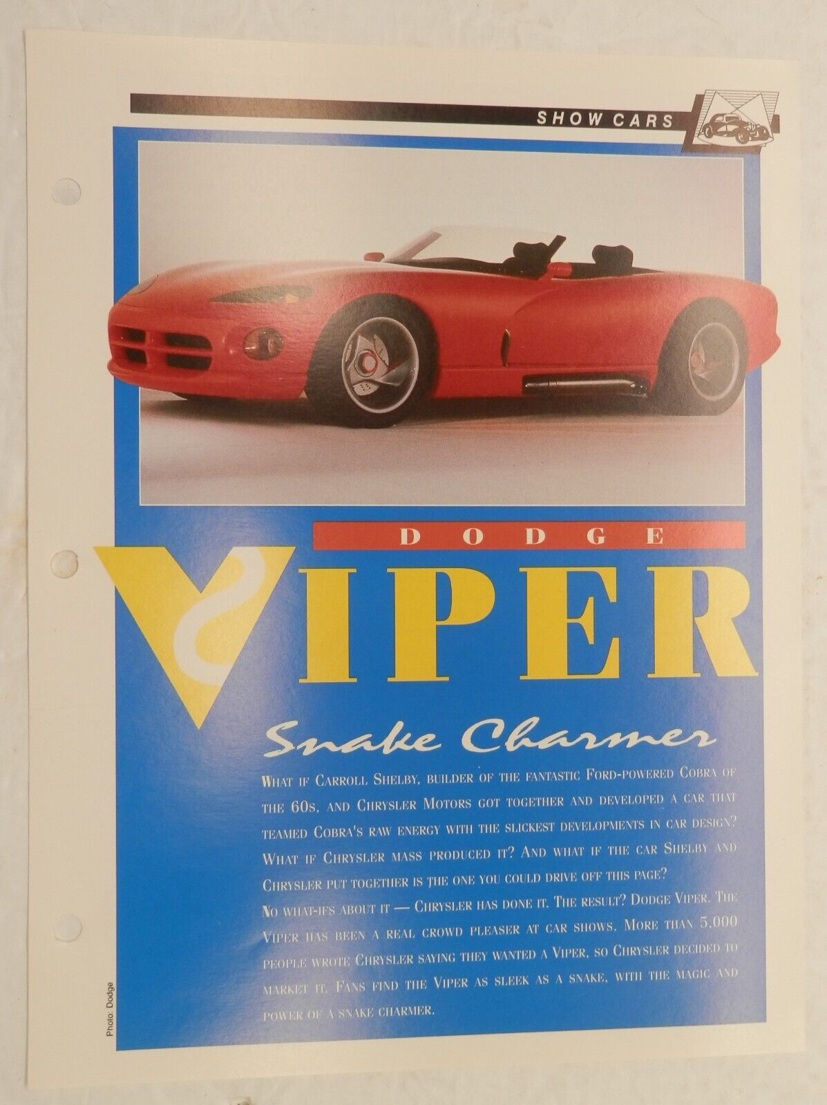 1989 Dodge Viper Roadster Concept Car Spec Sheet Fact Card