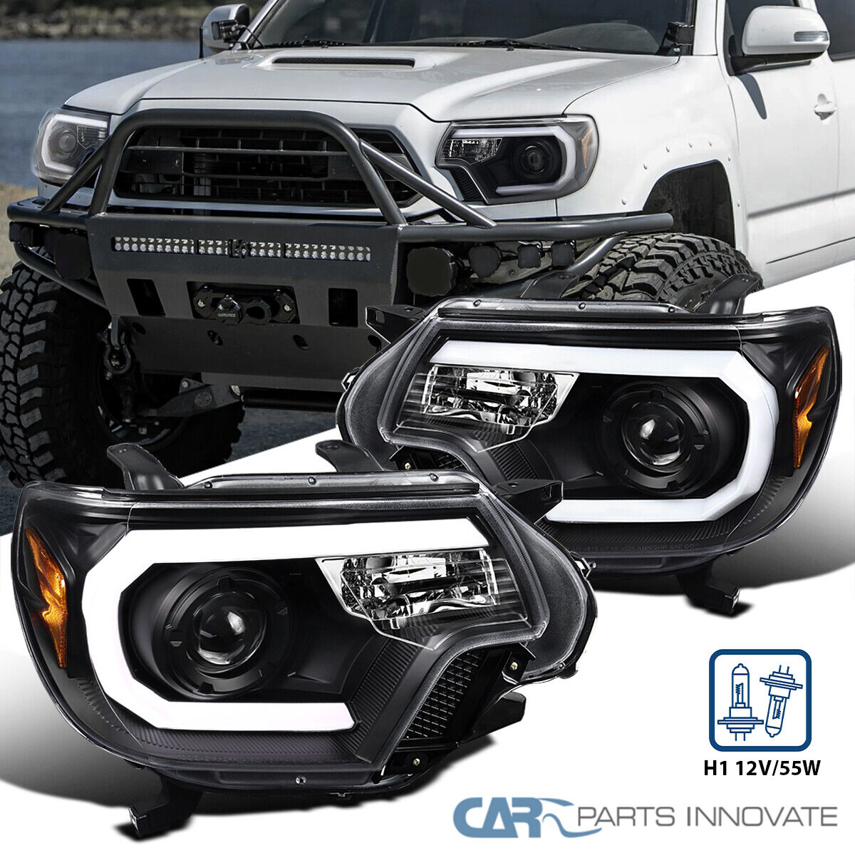 Black Fits 2012-2015 Toyota Tacoma Projector Headlights LED Strip Bar Lamps Pair