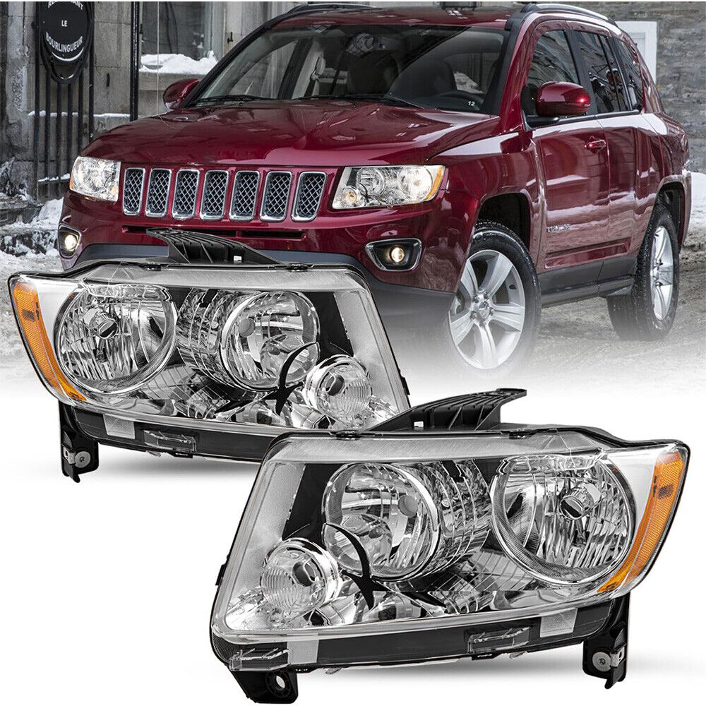 Pair Halogen Headlights Headlamp For 2011-2013 Jeep Grand Cherokee/11-17 Compass