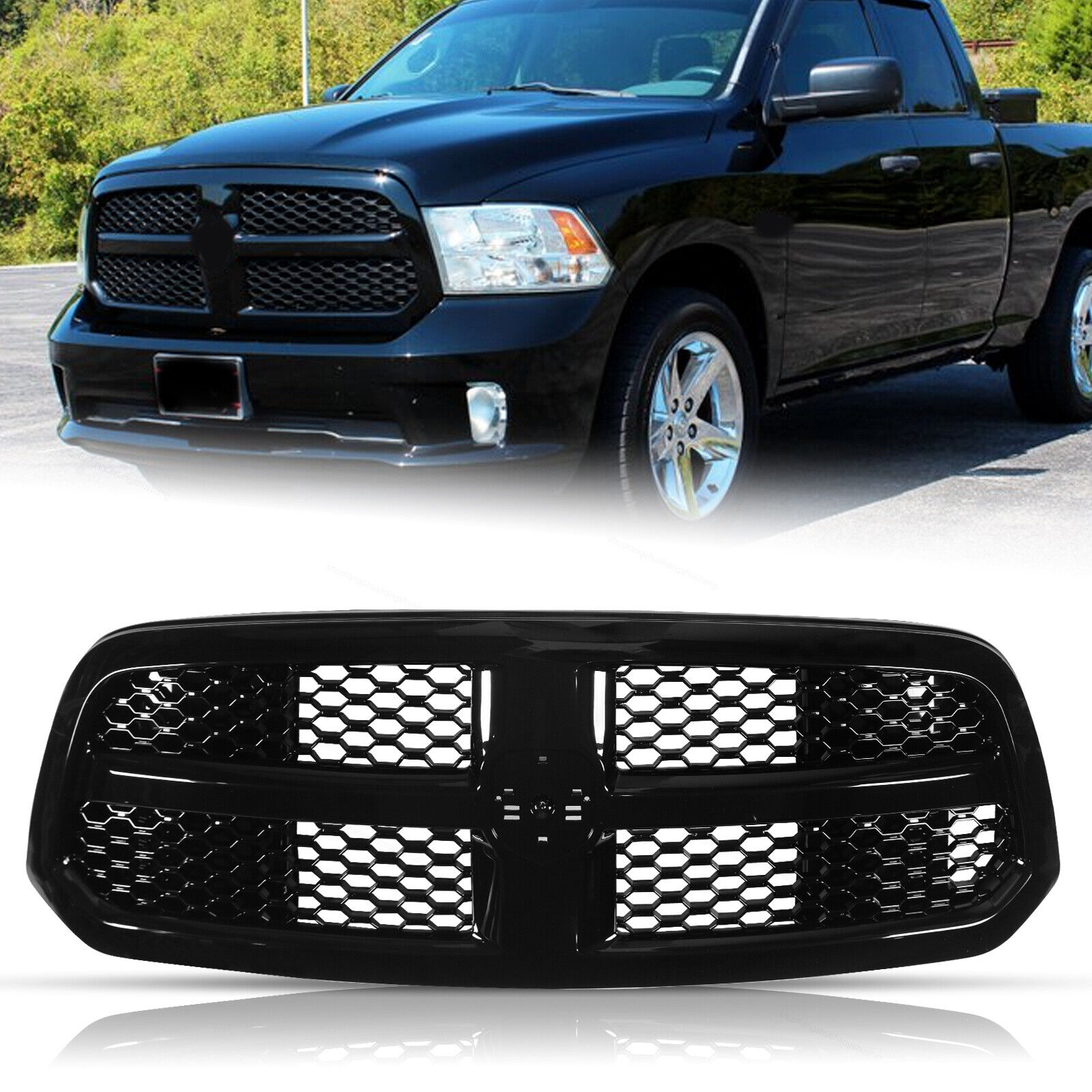 Grille Glossy Black For 2013-2018 Dodge Ram 1500 Honeycomb Mesh Front Bumper New