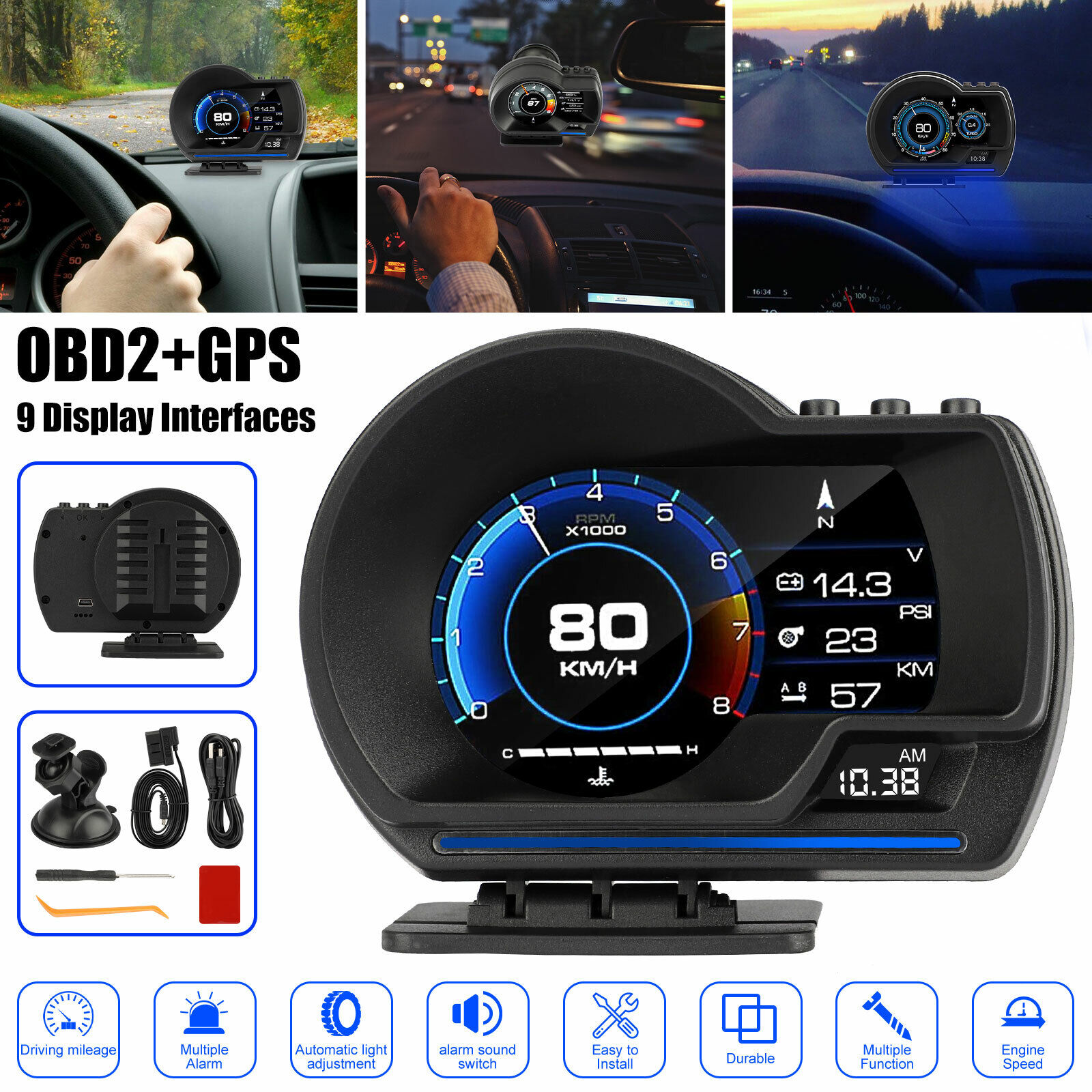 OBD2 + GPS HUD Car Head Up Display Speedometer RPM Speed Water & Oil Temp Alarm
