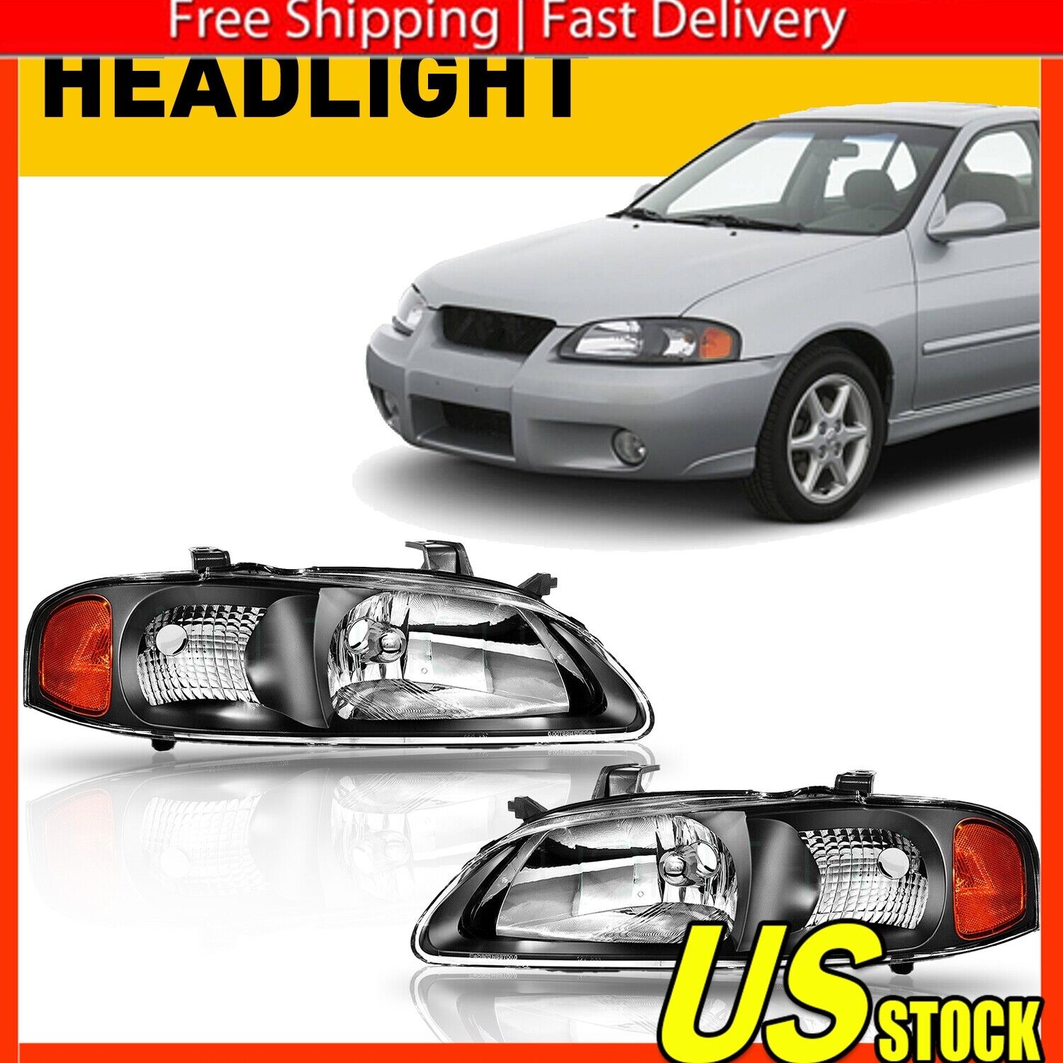 Black Fits 2000-2003 Sentra Headlights Lamps Assembly Left+Right 00 01 02 03