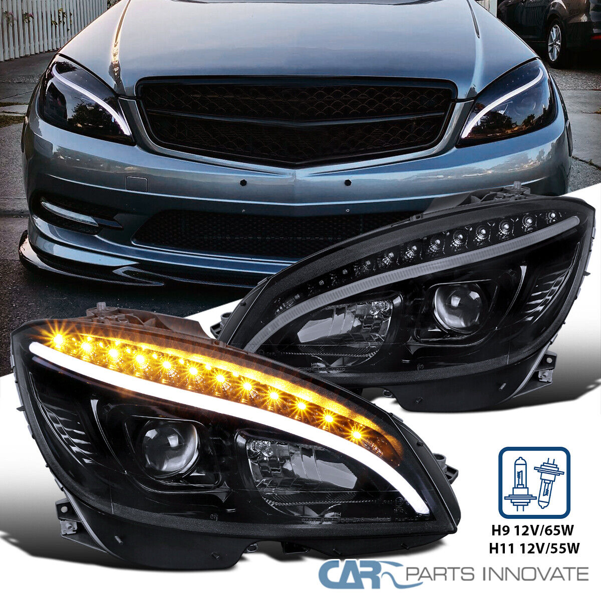 Fit 2008-2011 Benz W204 C-Class Black Smoke Projector Headlights LED Signal Lamp