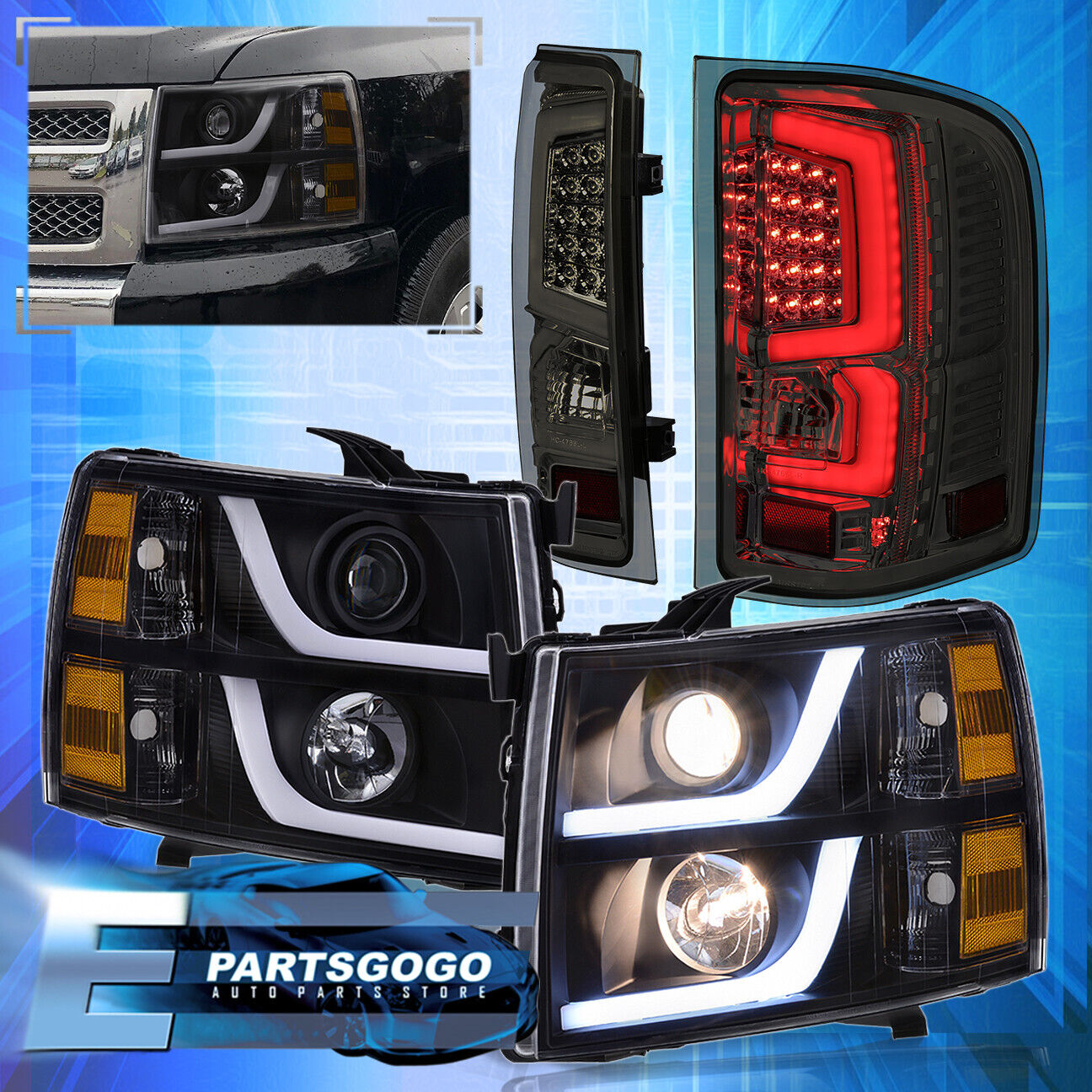 For 07-13 Chevy Silverado LED DRL Black Headlights + Smoked Tinted Tail Lights