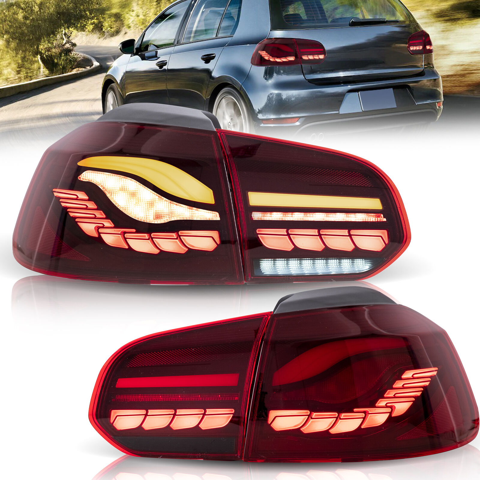 VLAND LED Red Rear Lamps For Volkswagen Golf 6 MK 6 2010-2014 w/Dynamic Signal