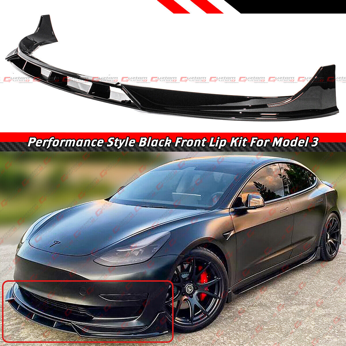 For 2017-23 Tesla Model 3 Performance Style 4pc Black Front Bumper Lip Splitter