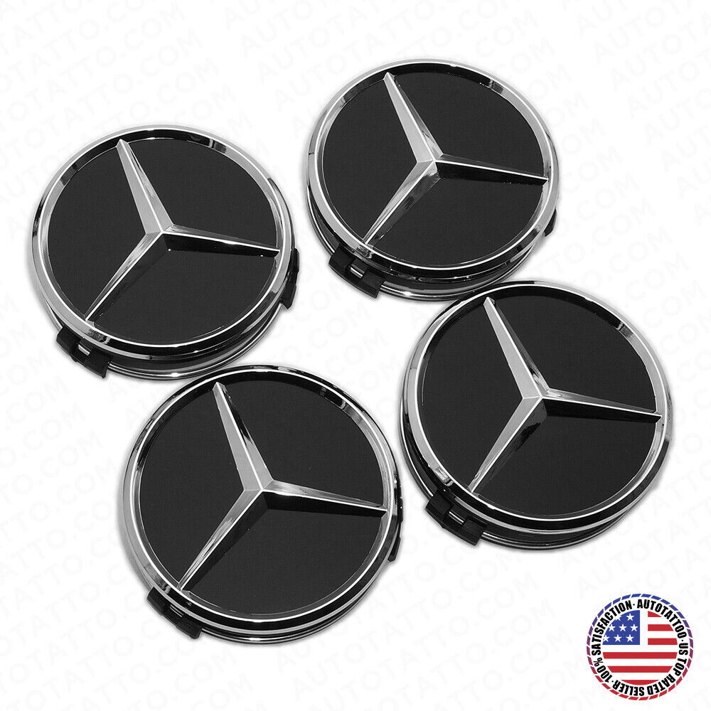 4x Mercedes Wheels Center Cap Hub Black Star Cover Inserts Replacement Sport AMG