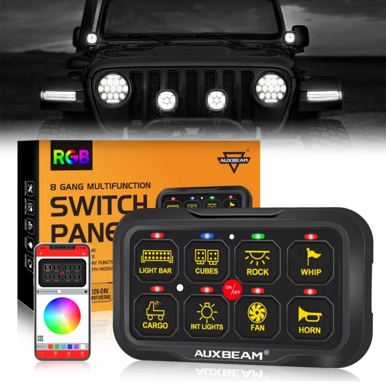 AUXBEAM 12-24V 8 Gang RGB Switch Panel APP bluetooth Control AR-820 for Jeep SUV