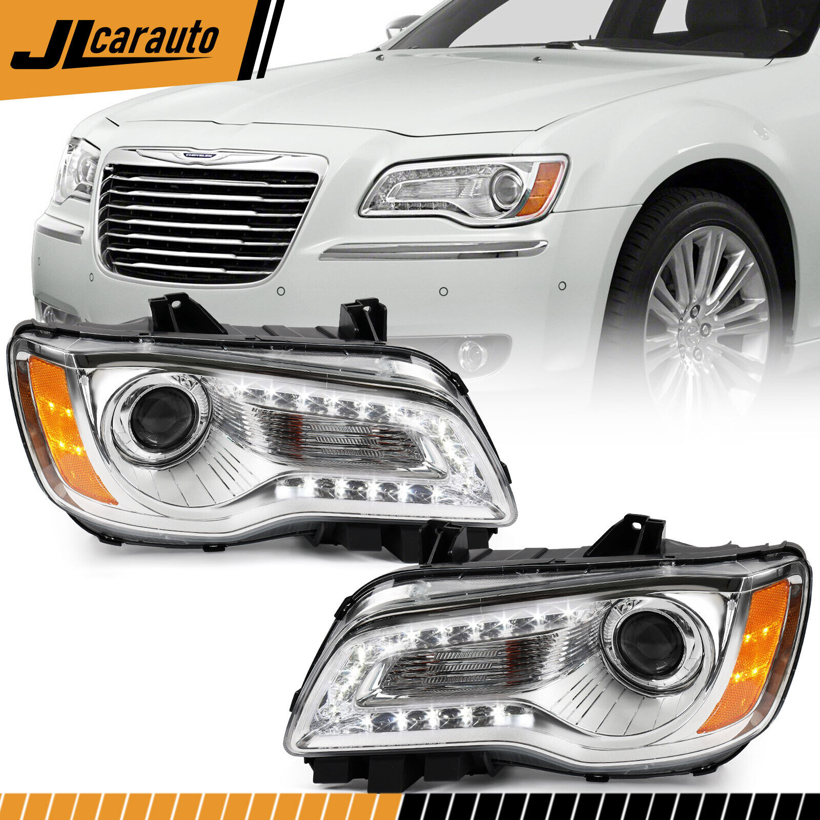 Pair For 2011-2014 Chrysler 300/300C Halogen Headlight Chrome Lamp Left & Right