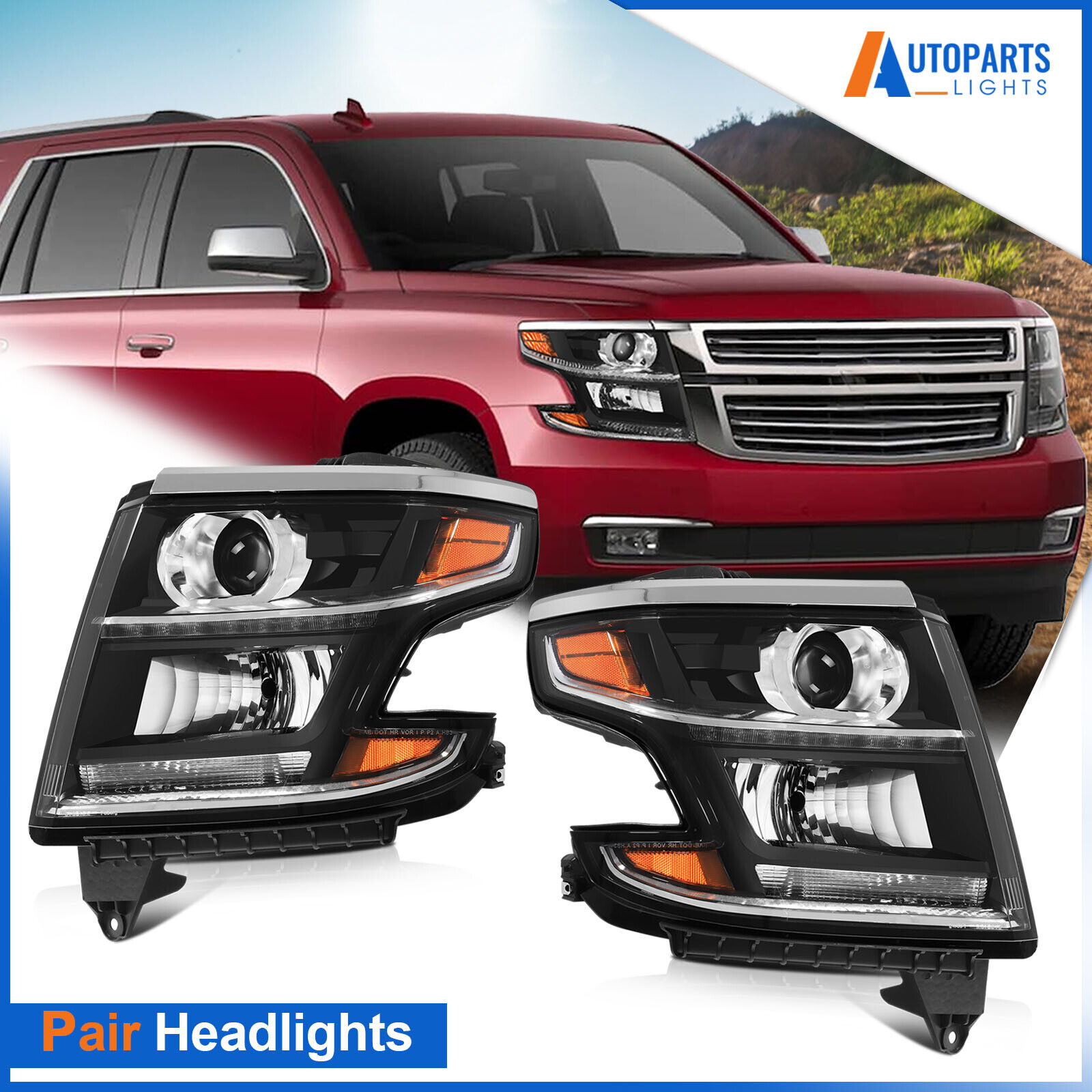 For 2015-2020 Chevy Chevrolet Tahoe Suburban Projector Headlights W/ LED DRL Set