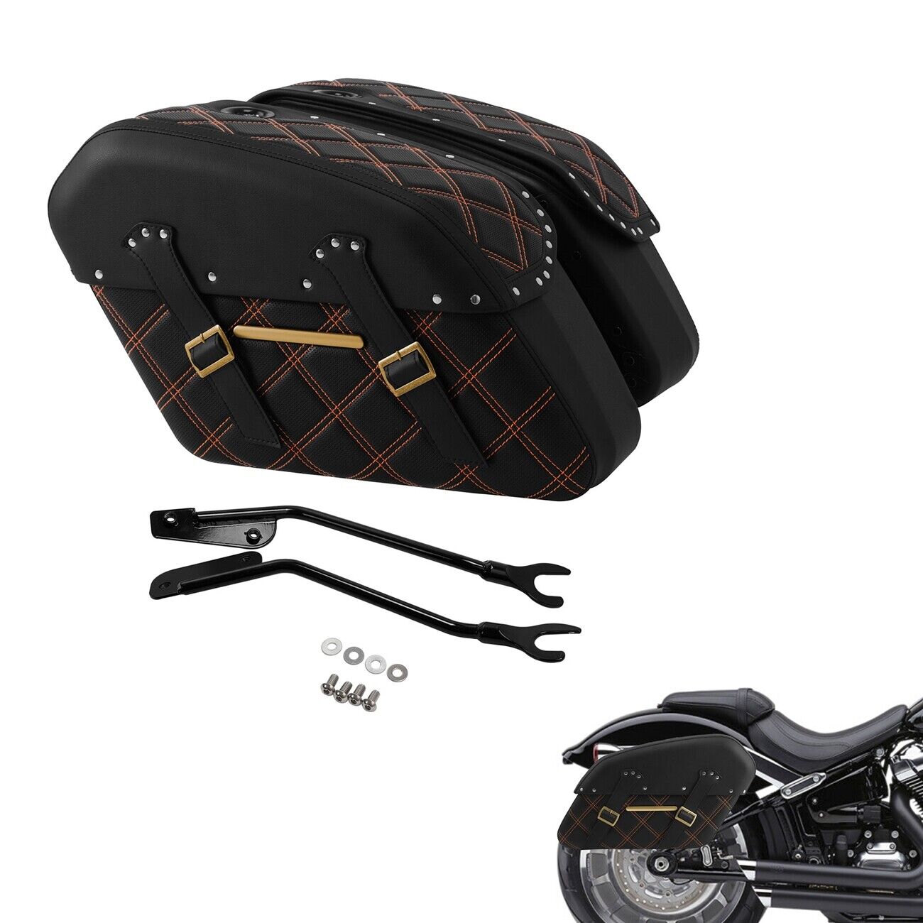Black+Orange Saddlebags Fit For Harley Softail Breakout Fat Boy FLFB 2018-Later