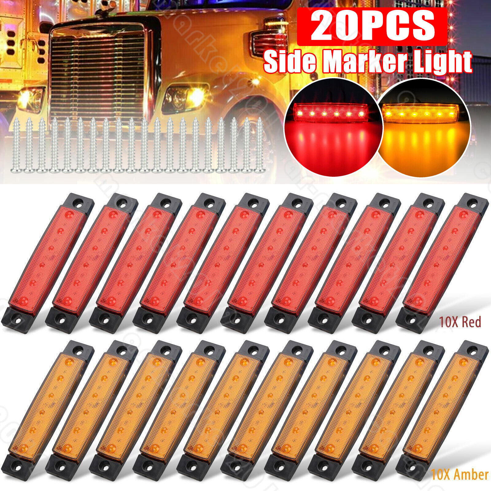 20x Amber/Red LED Side Marker Clearance Lights Waterproof Trailer Truck RV 12V
