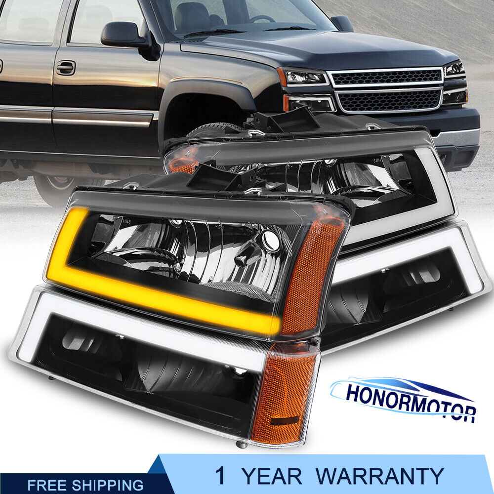 For 2003-07 Chevy Silverado Avalanche LED DRL Sequential Signal Black Headlight