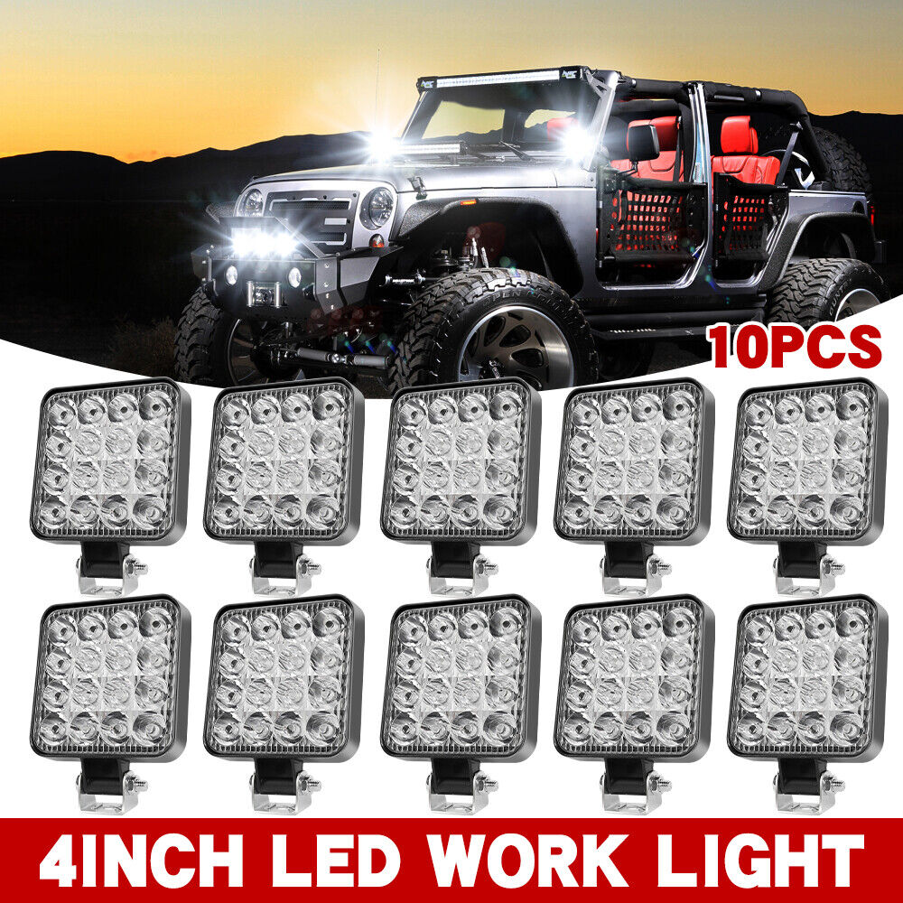 10PCS 4inch Square LED Work Light Spot Flood Pods OffRoad Driving Truck FOG Lamp