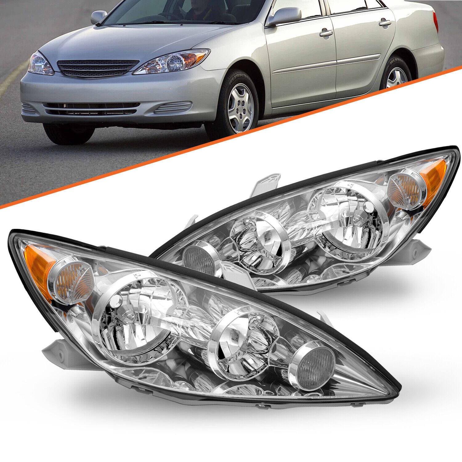 For 2005-2006 Toyota Camry Chrome Amber Halogen Pairs 05-06 Headlights Assembly