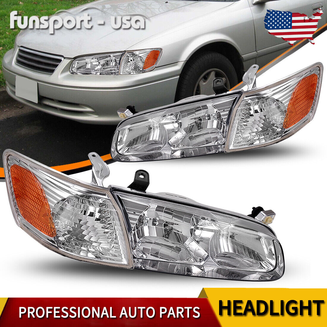 Headlights Assembly for 2000 2001 Toyota Camry Chrome Amber Corner Headlamps Set