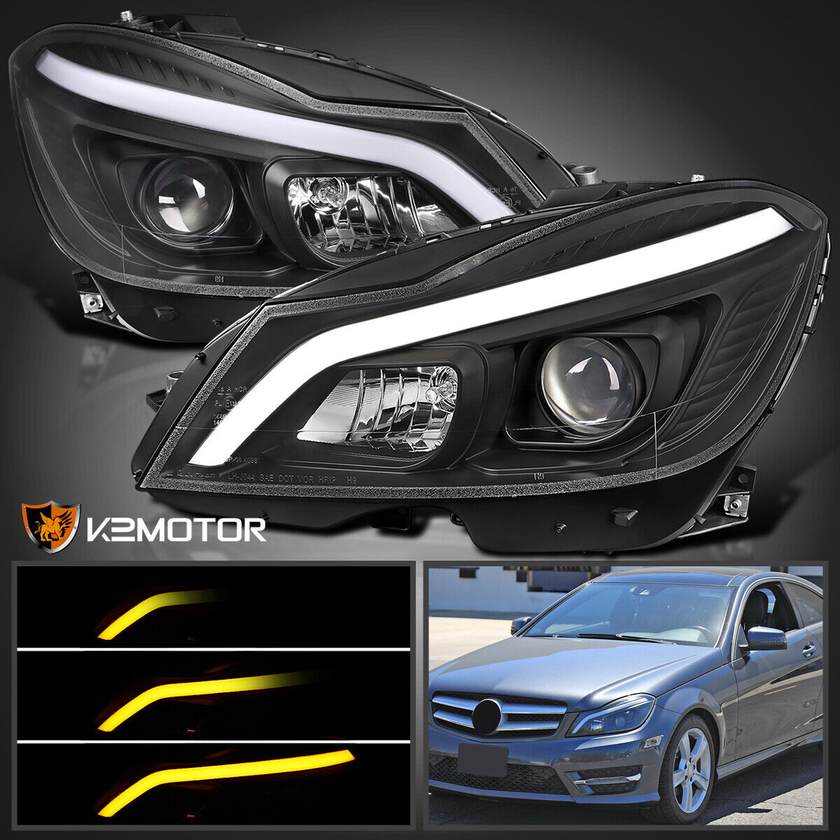 Black Fits 2012-2014 Mercedes-Benz W204 C300 Projector Headlights Switchback LED