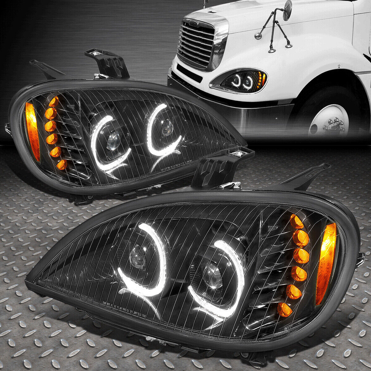 [LED DRL]FOR 04-17 FREIGHTLINER COLUMBIA DUAL PROJECTOR HEADLIGHT LAMPS BALCK