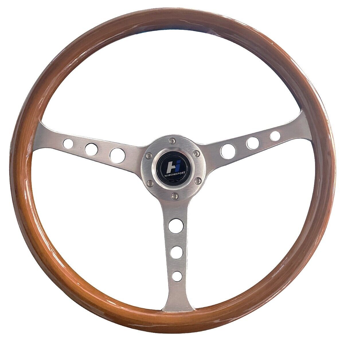 15 inch Wooden Steering Wheel Grain 2\'\' Silver Brushed Spoke Classic Wood 380mm