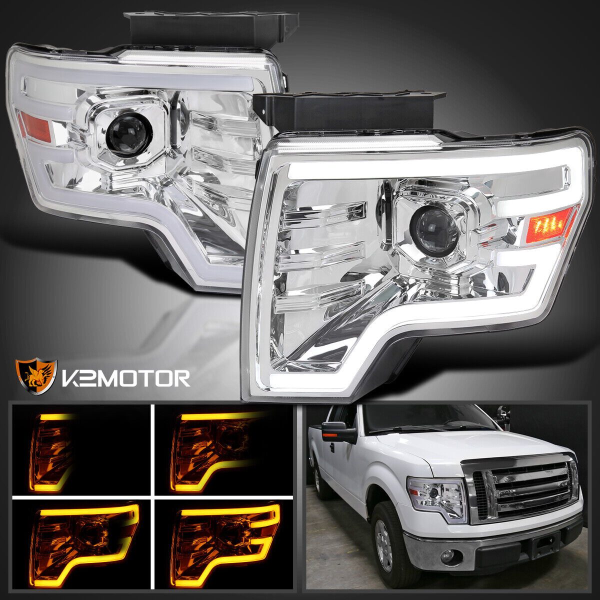 Fits 2009-2014 Ford F150 Truck Projector Headlights Switchback LED Signal Tube