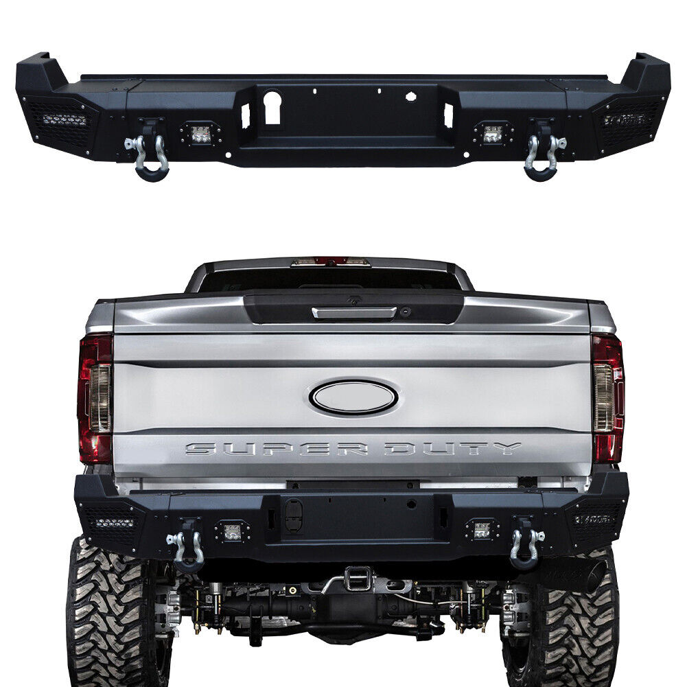 For 2017-2023 F250 F350 Steel Rear Bumper with 2xD-rings and 4xLED Lights