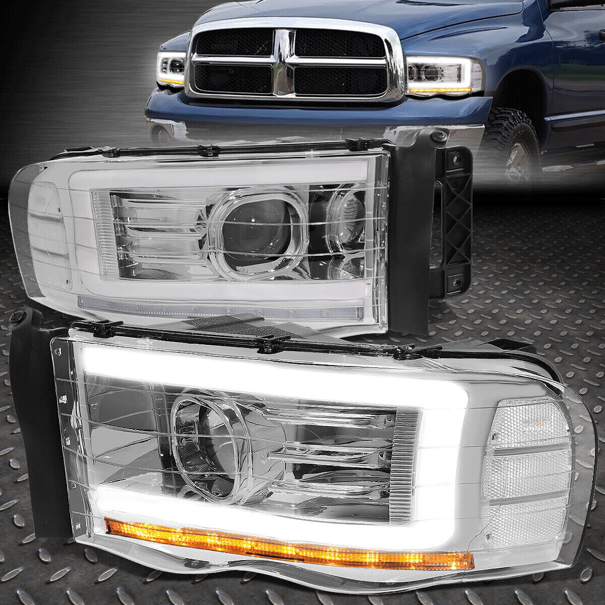 [LED DRL]FOR 02-05 DODGE RAM CHROME SEQUENTIAL TURN SIGNAL PROJECTOR HEADLIGHTS