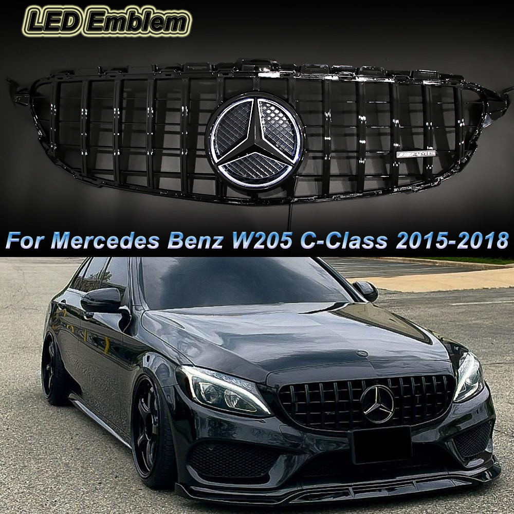 Gloss Black  Front Grille W/LED Emblem For Mercedes Benz W205 2015-2018 C-Class