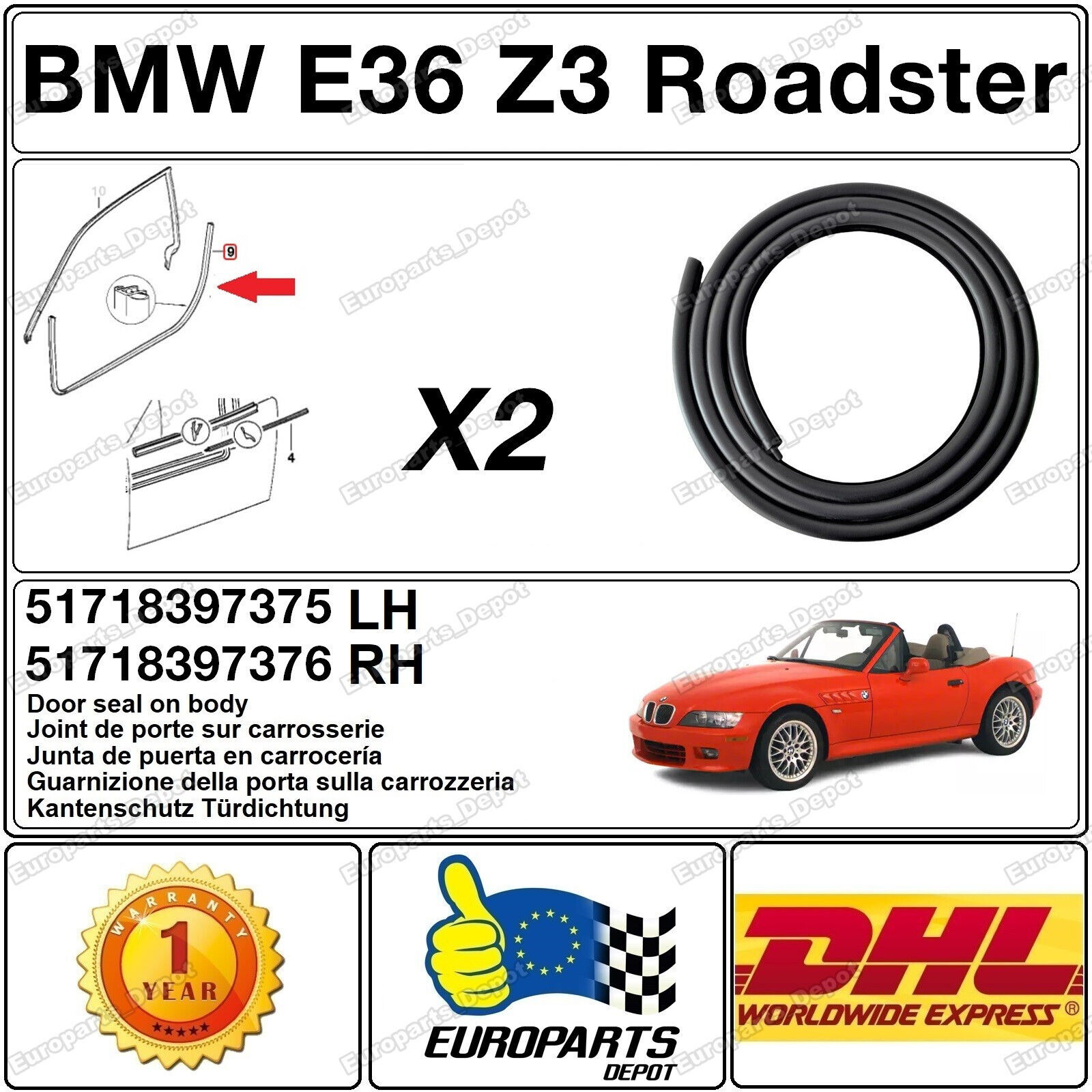 BMW E36 Z3 Roadster Weatherstrip Kit Door Seals 2 pcs