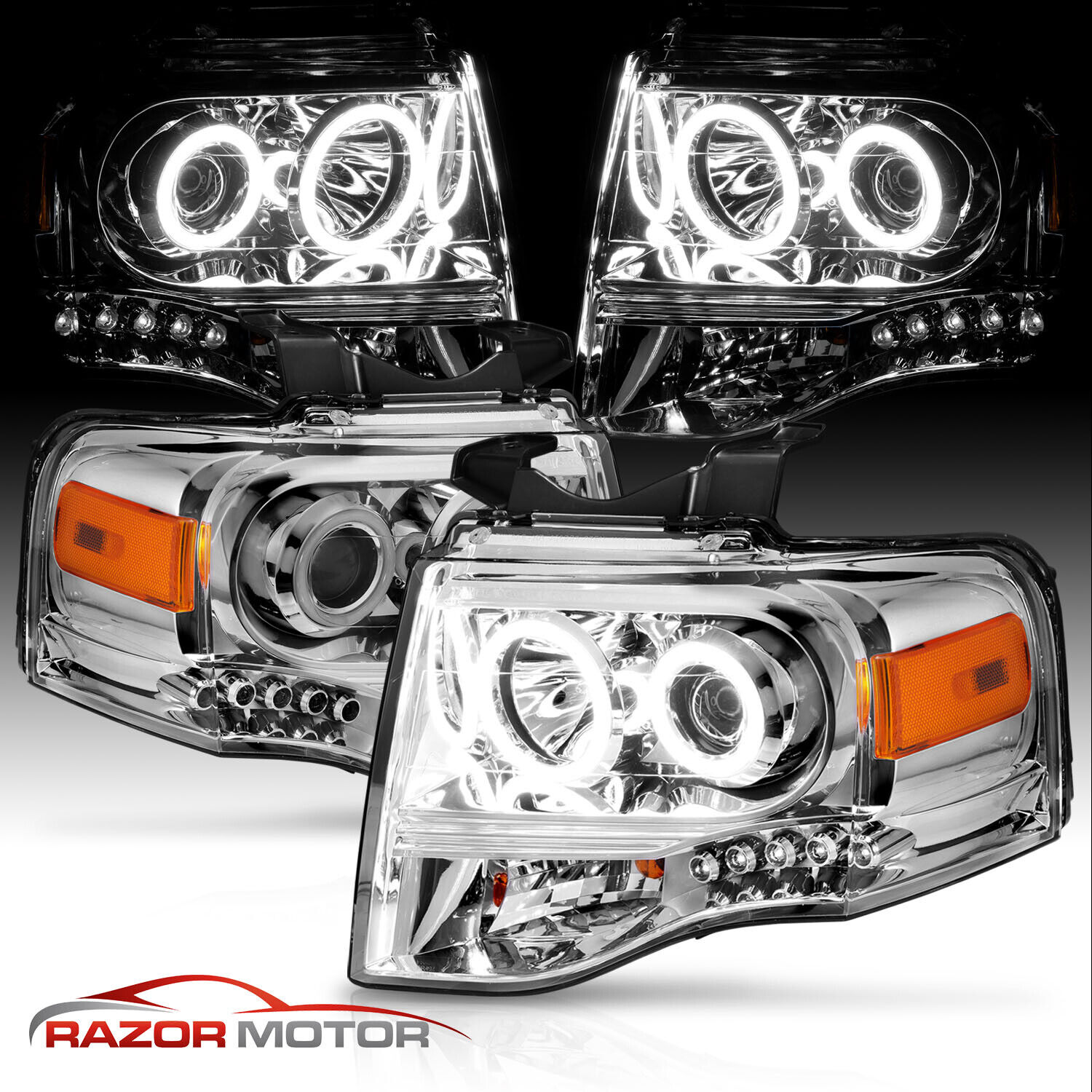 Fit 07-14 Ford Expedition Dual Hi Power LED Halo Chrome Projector Headlight Pair