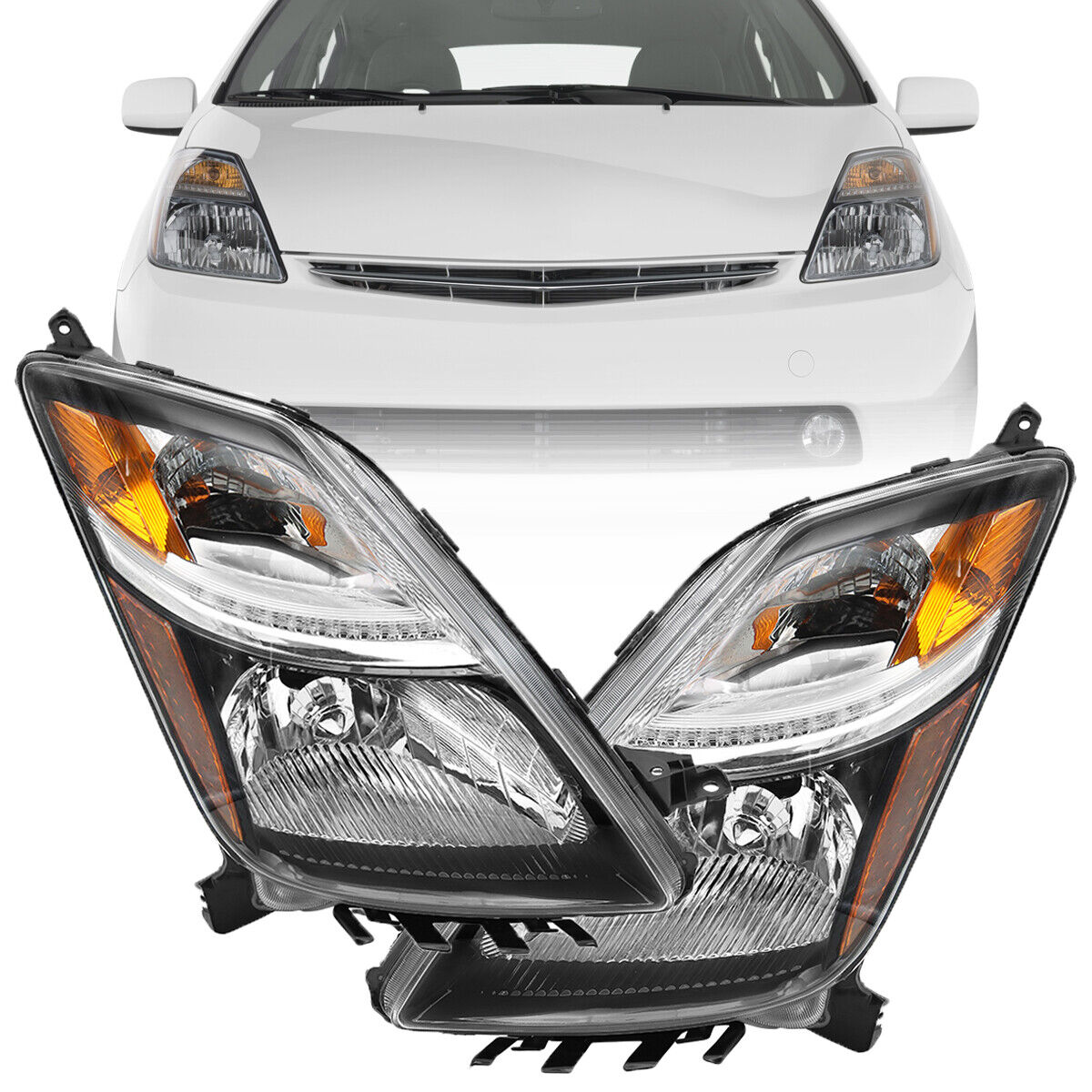 Black Headlights Fits 2006-2009 Toyota Prius Halogen Headlamps Left+Right Side
