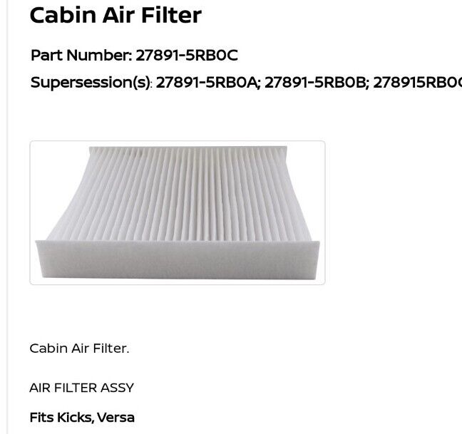 GENUINE NISSAN Cabin Air Filter Part Number: 27891-5RB0C