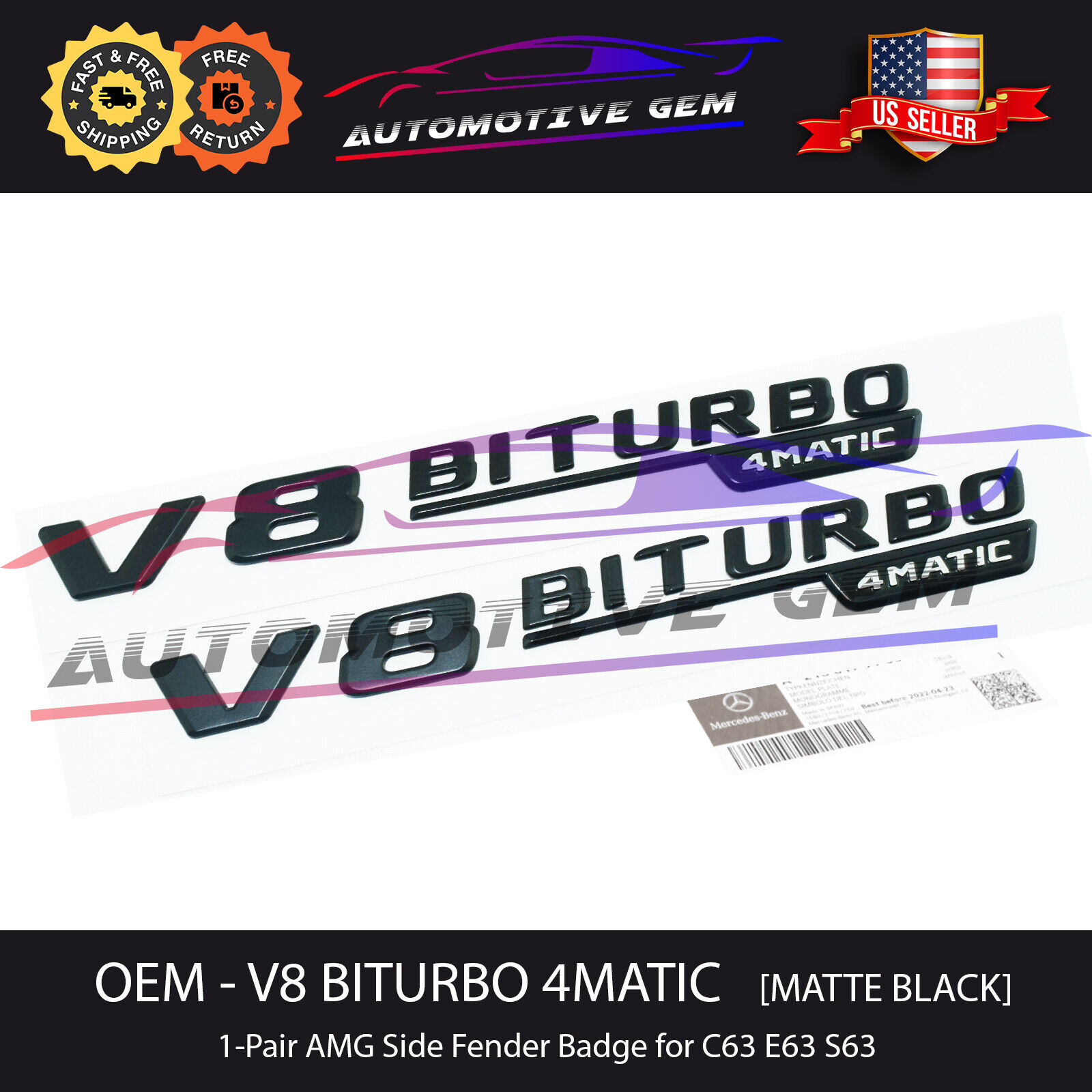 OEM V8 BITURBO 4MATIC Fender AMG Emblem MATTE Black Badge Mercedes C63 E63 S63