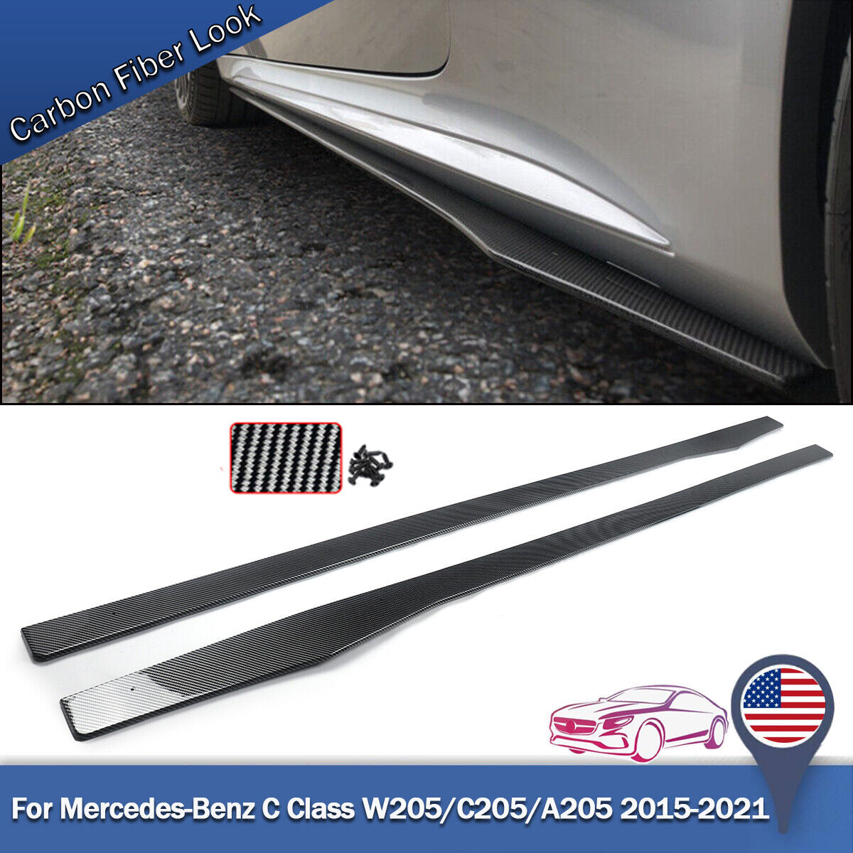 For Benz C-Class W205 C205 C63 Style Side Skirts Extensions Lip Carbon Look 15+