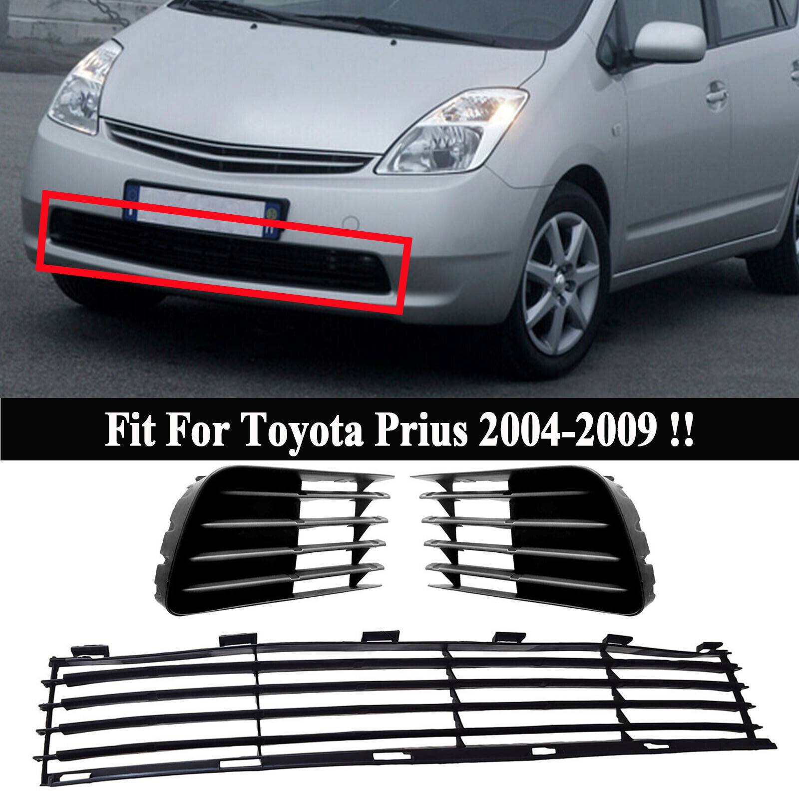 3PCS For Toyota Prius 2004-2009 Front Lower Bumper Grille & Fog Light Bezels