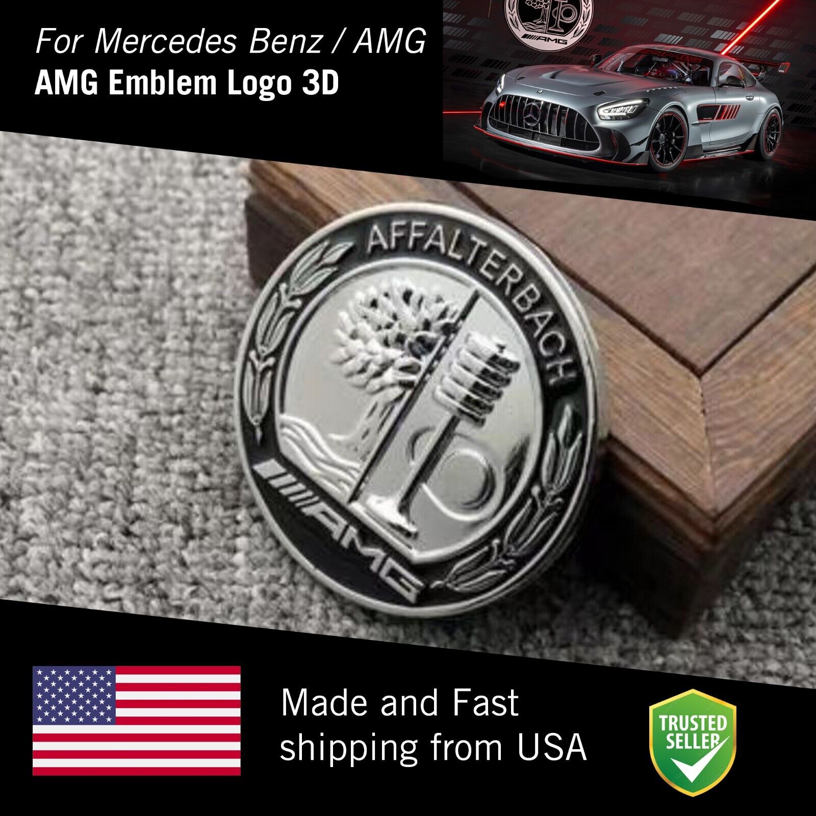 AMG hood Emblem Affalterbach Silver Black Badge Mercedes Benz 57mm/2.24inch