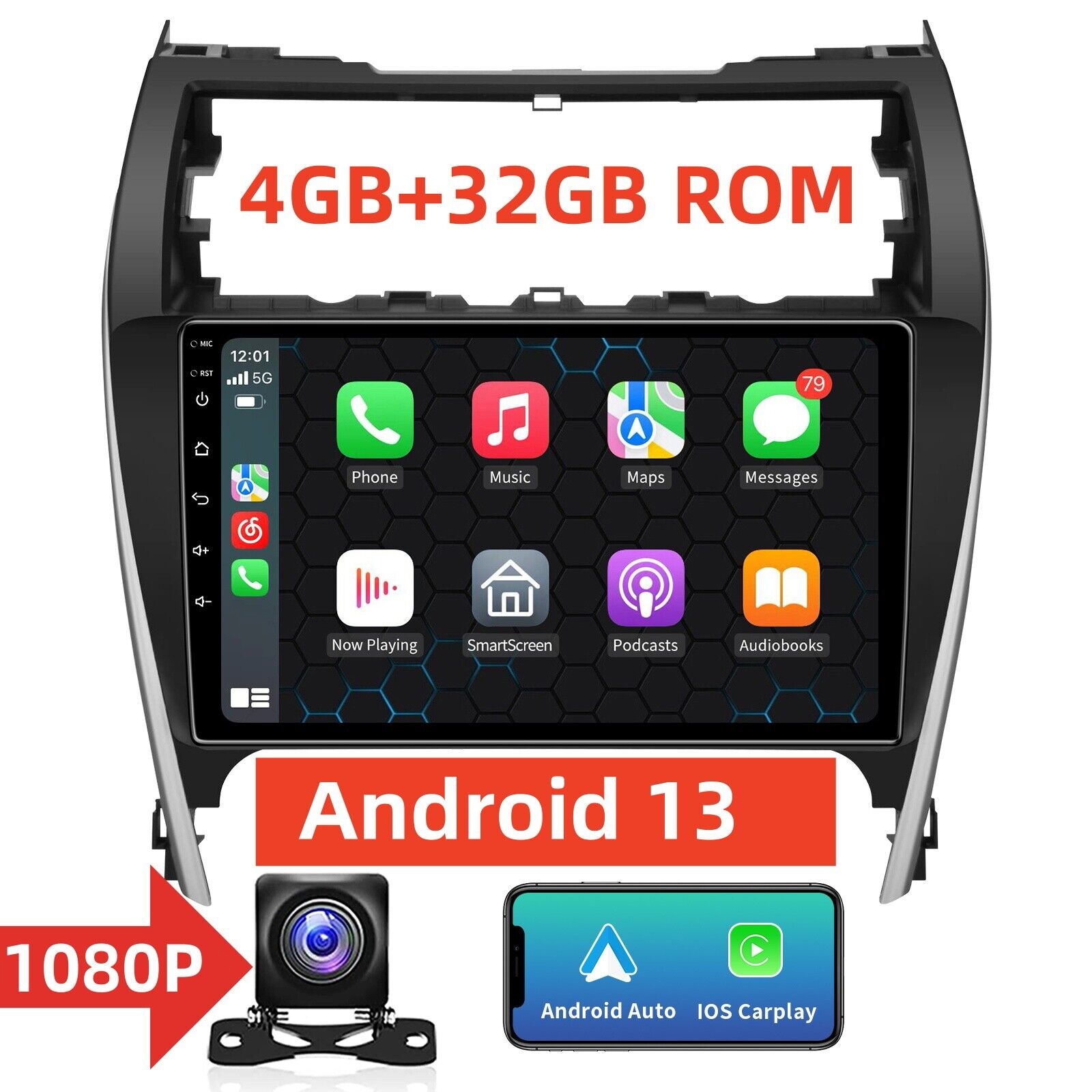 For 2012-2014 Toyota Camry Apple Carplay Car Radio Android 13 GPS Navi BT 4+32GB