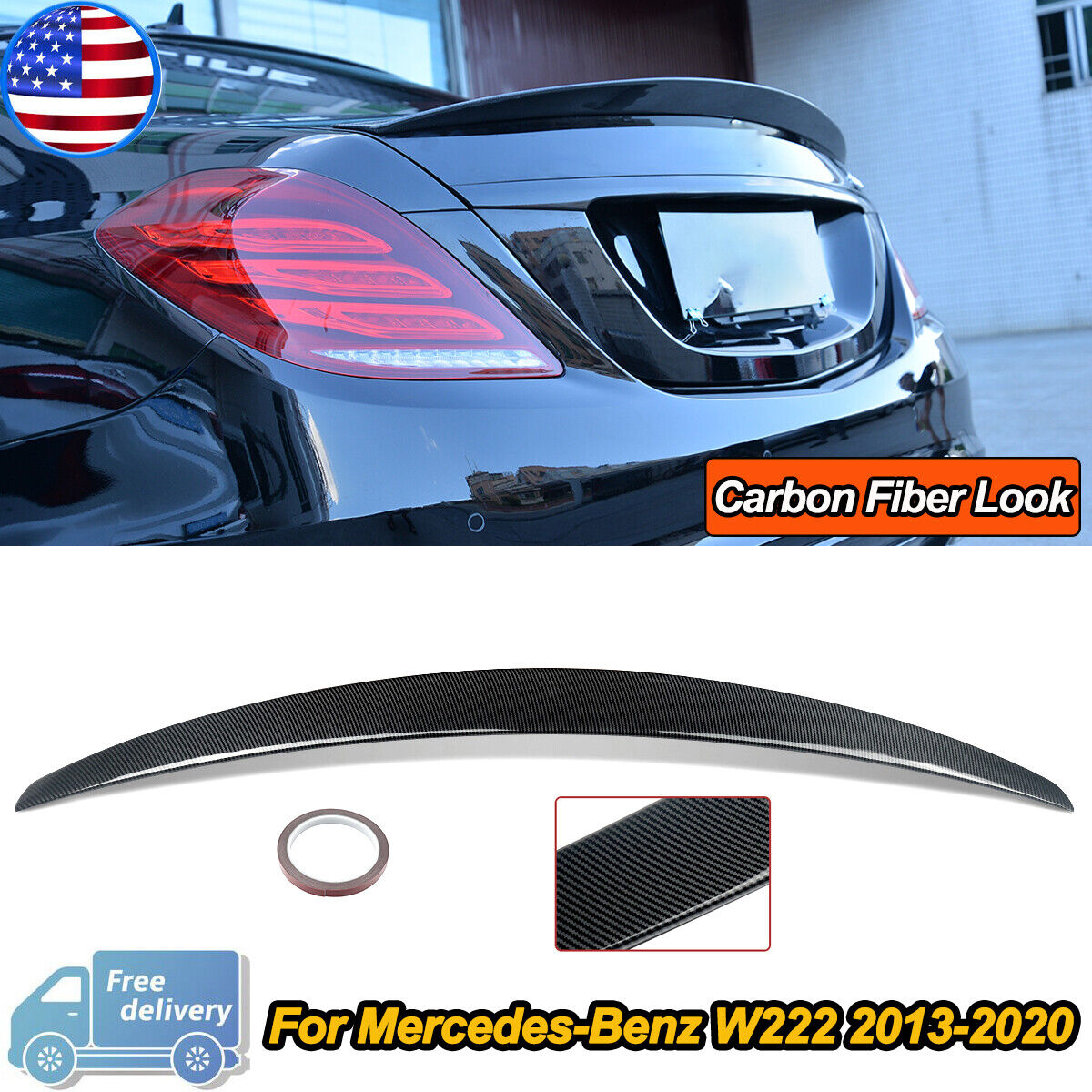 Fit Mercedes Benz W222 2014-20 Rear Trunk Spoiler Wing Lip AMG Style Carbon Look