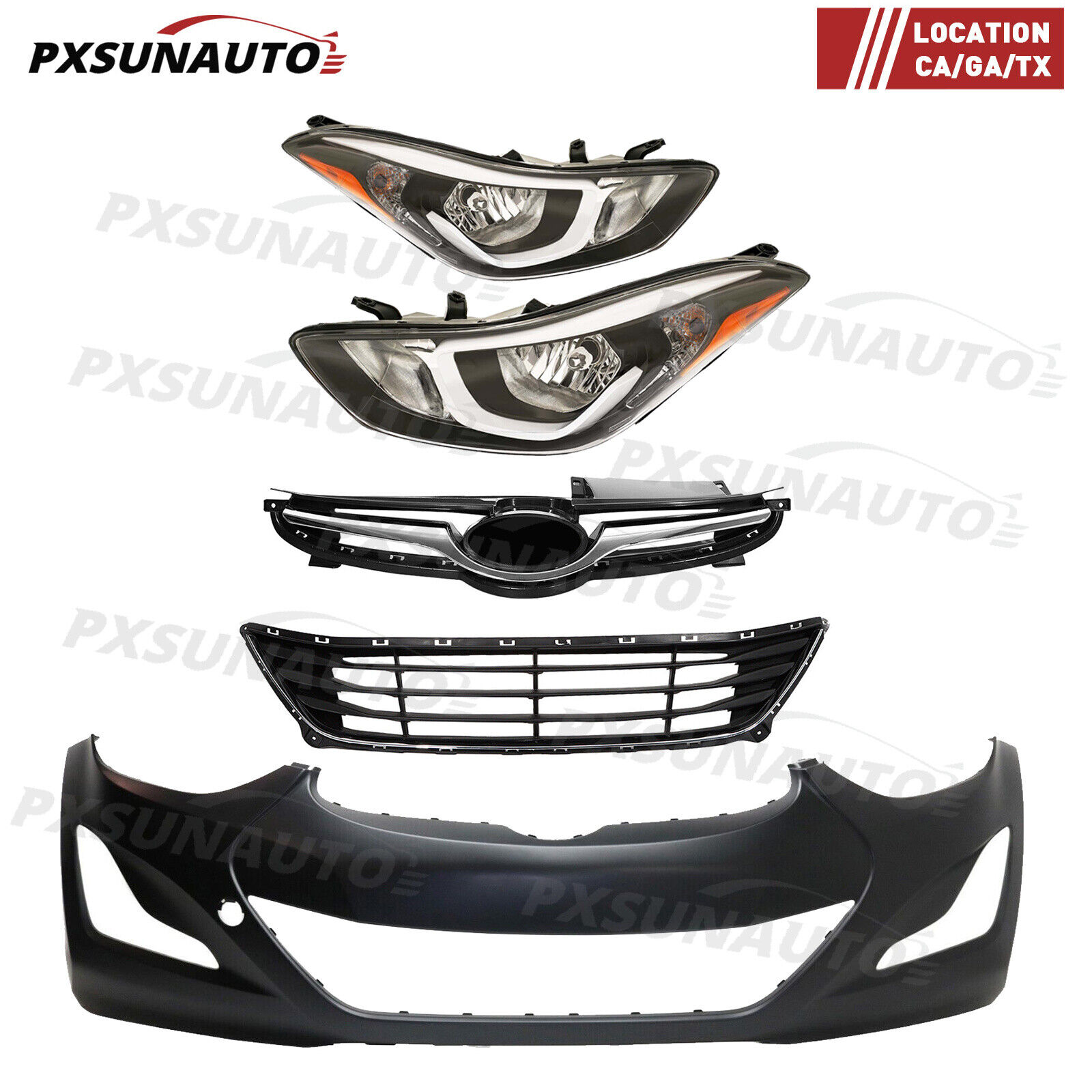For 2014-2016 Hyundai Elantra Sedan Front Bumper Cover With Grille Headlights