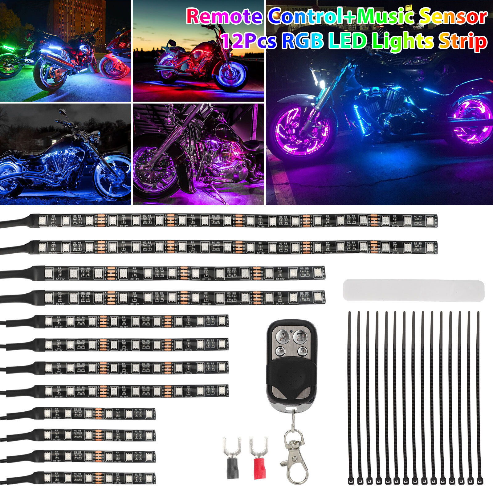12Pcs Motorcycle RGB LED Neon Under Glow Light Strip Kit For Harley Honda Suzuki