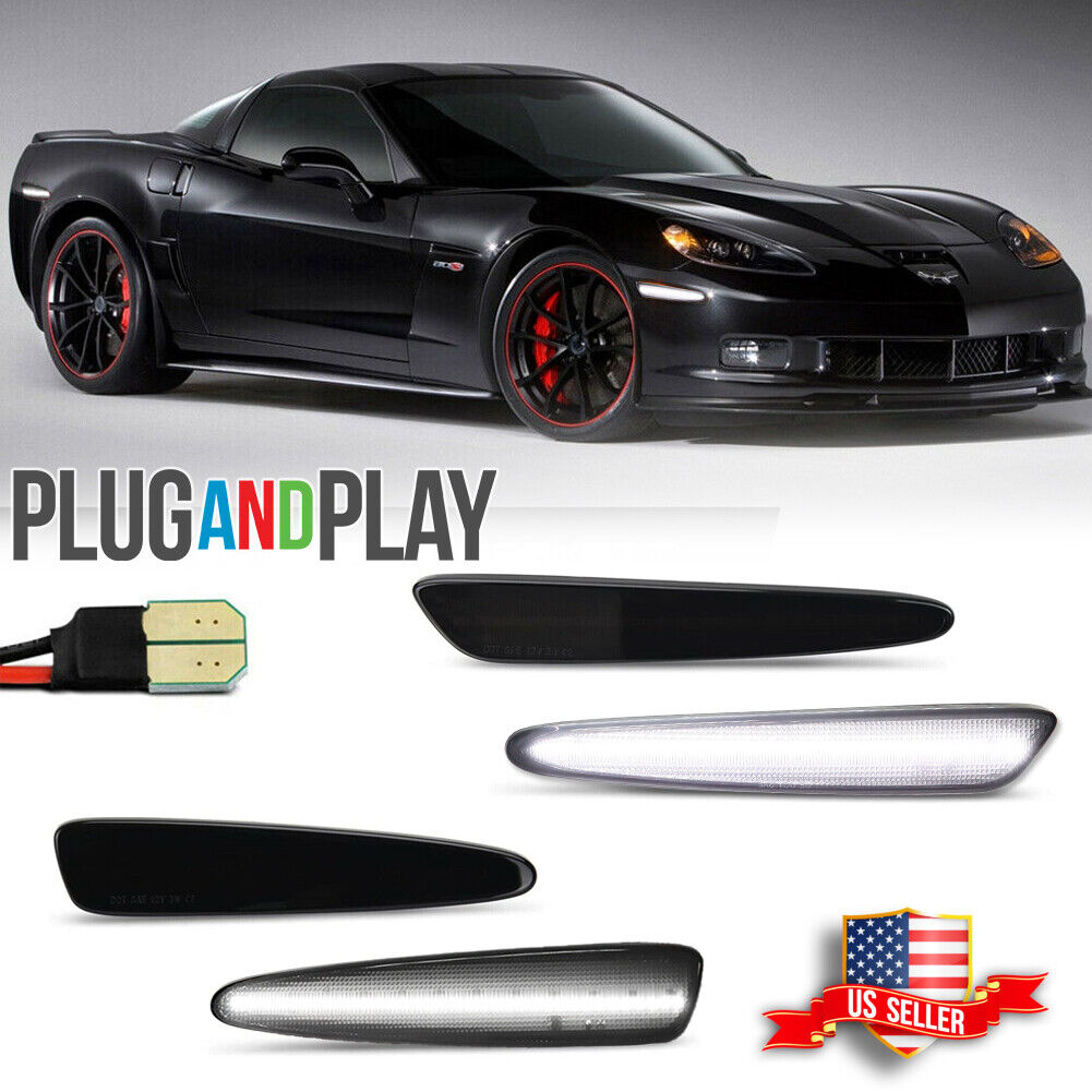 For 2005-2013 Chevy Corvette C6 Smoked White LED Front & Rear Side Marker Lights