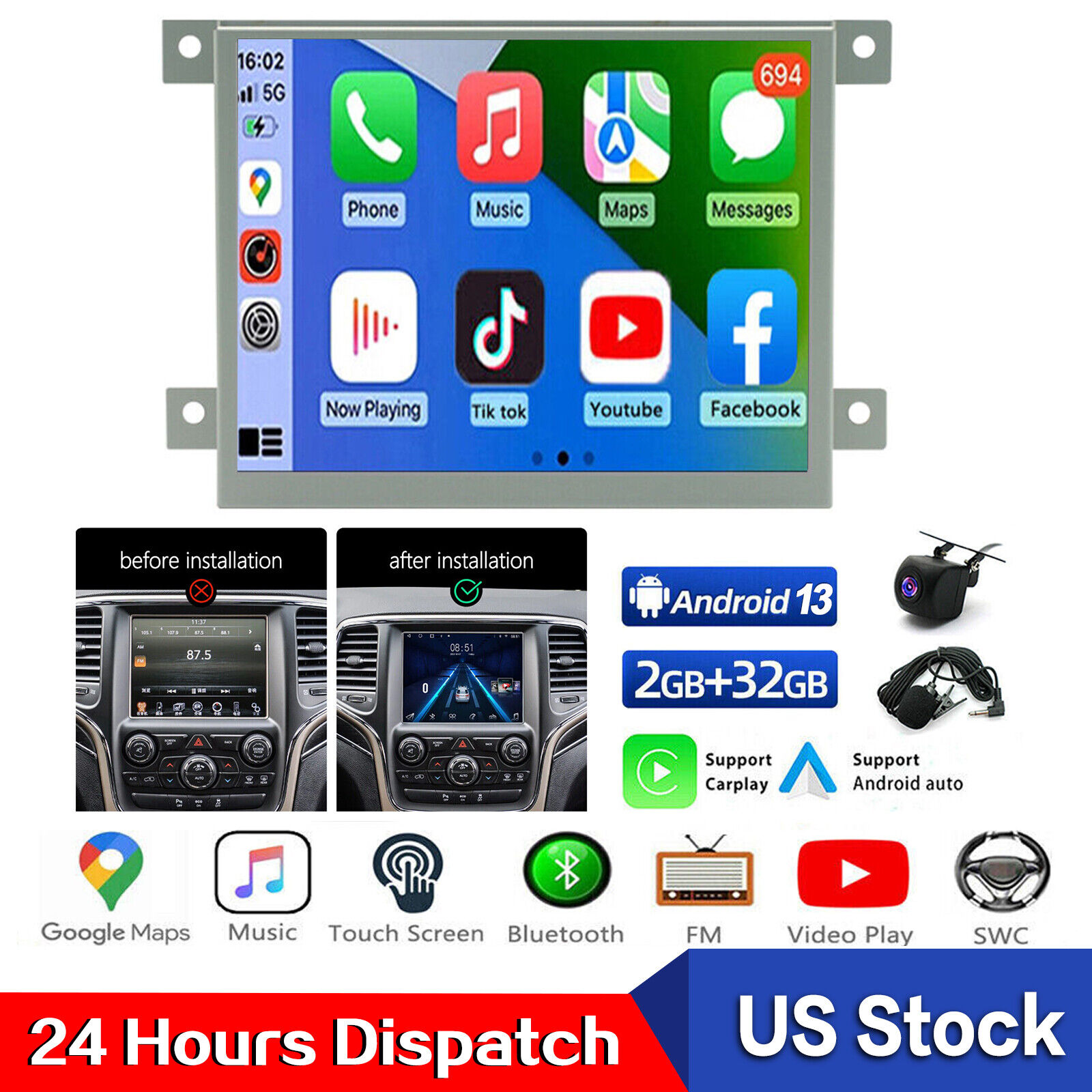 Android13 2+32G For Dodge Challenger Charger Radio Stereo GPS WiFi Apple Carplay