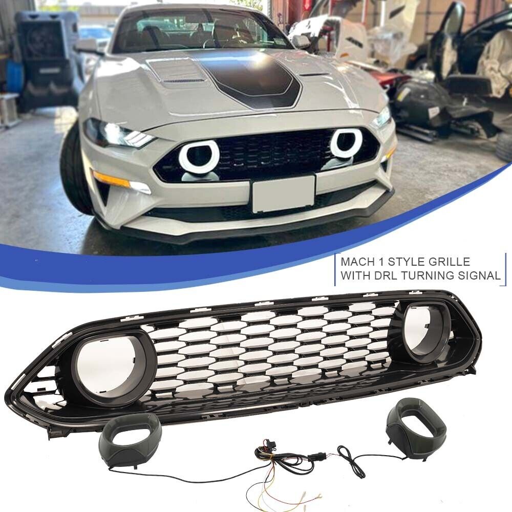 Fit 18-23 Ford Mustang Mach 1 Style Front Upper Grille w/White DRL LED Lights