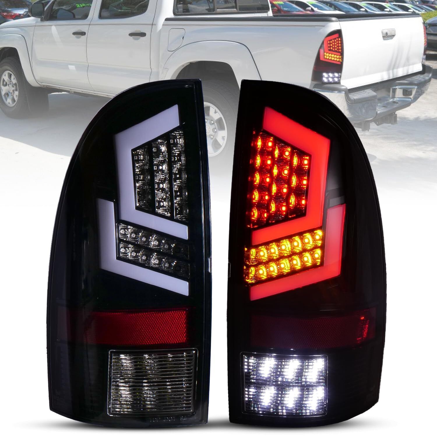 For 2005-2015 Toyota Tacoma Black Clear LED Tail Lights Yellow Turn Signal Light
