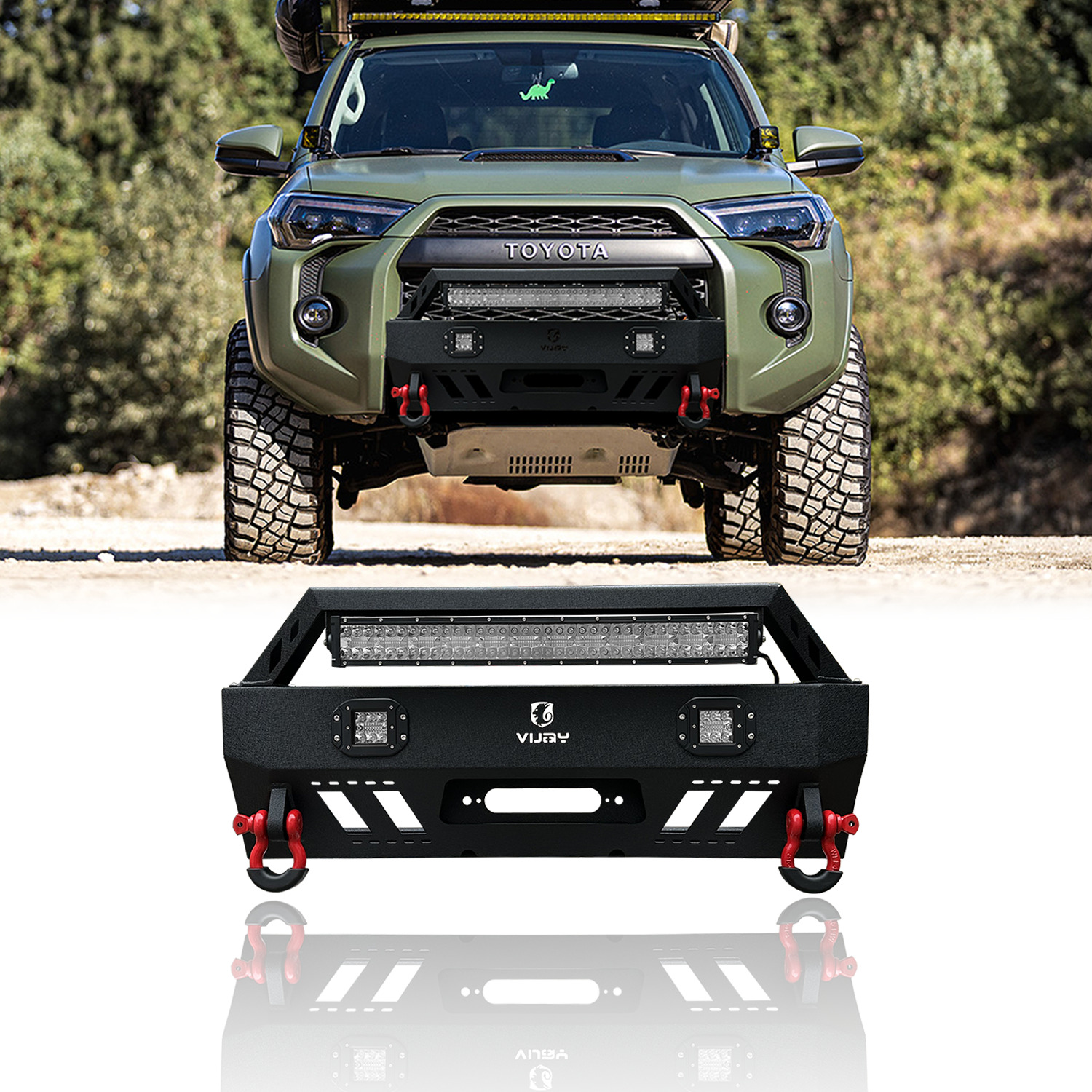 Vijay For 2010-2023 Toyota 4runner Front Bumper W/Winch Plate&Light&Red D-Ring