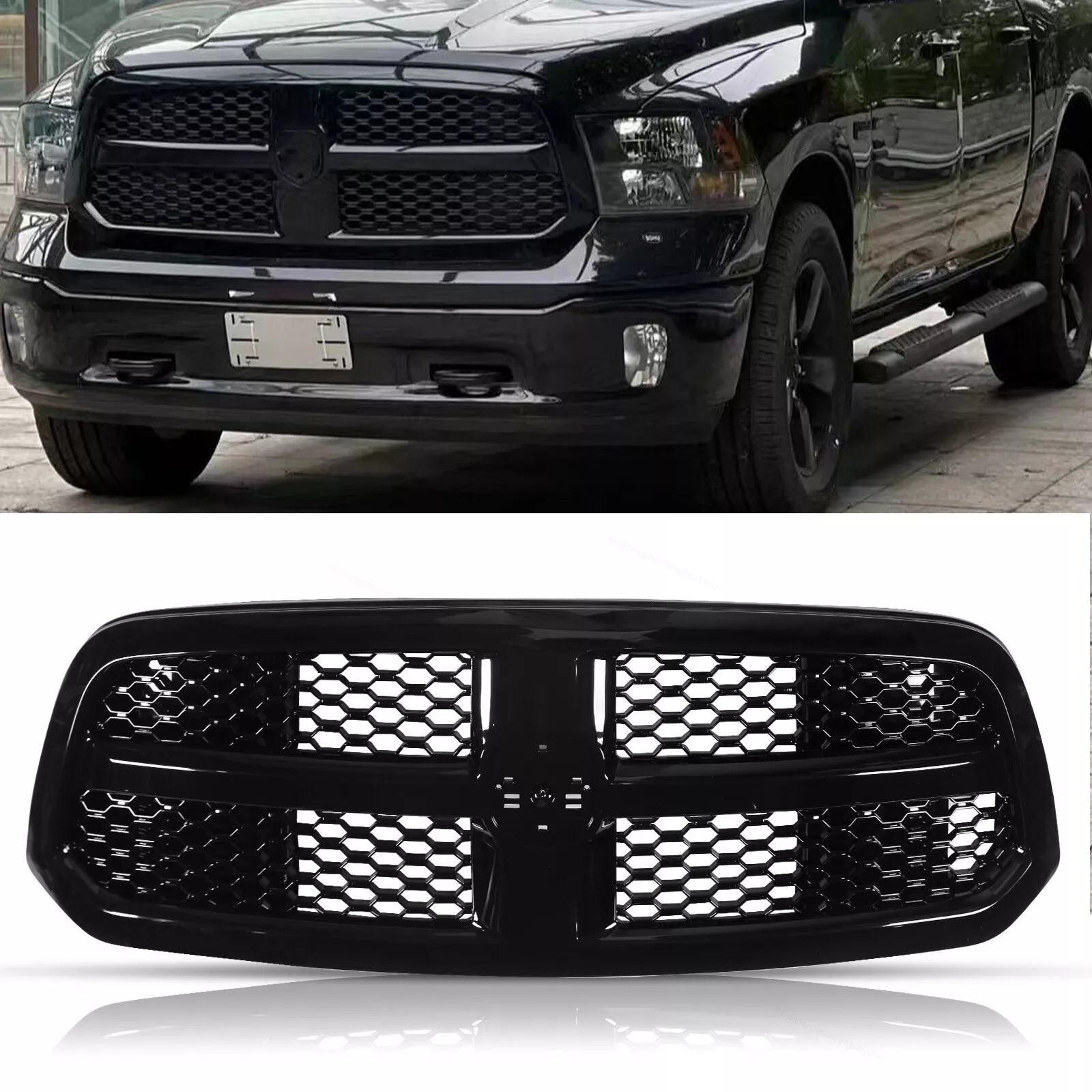 For 2013-2021 Dodge Ram 1500 Front Bumper Upper Grille Grill Replace Gloss Black